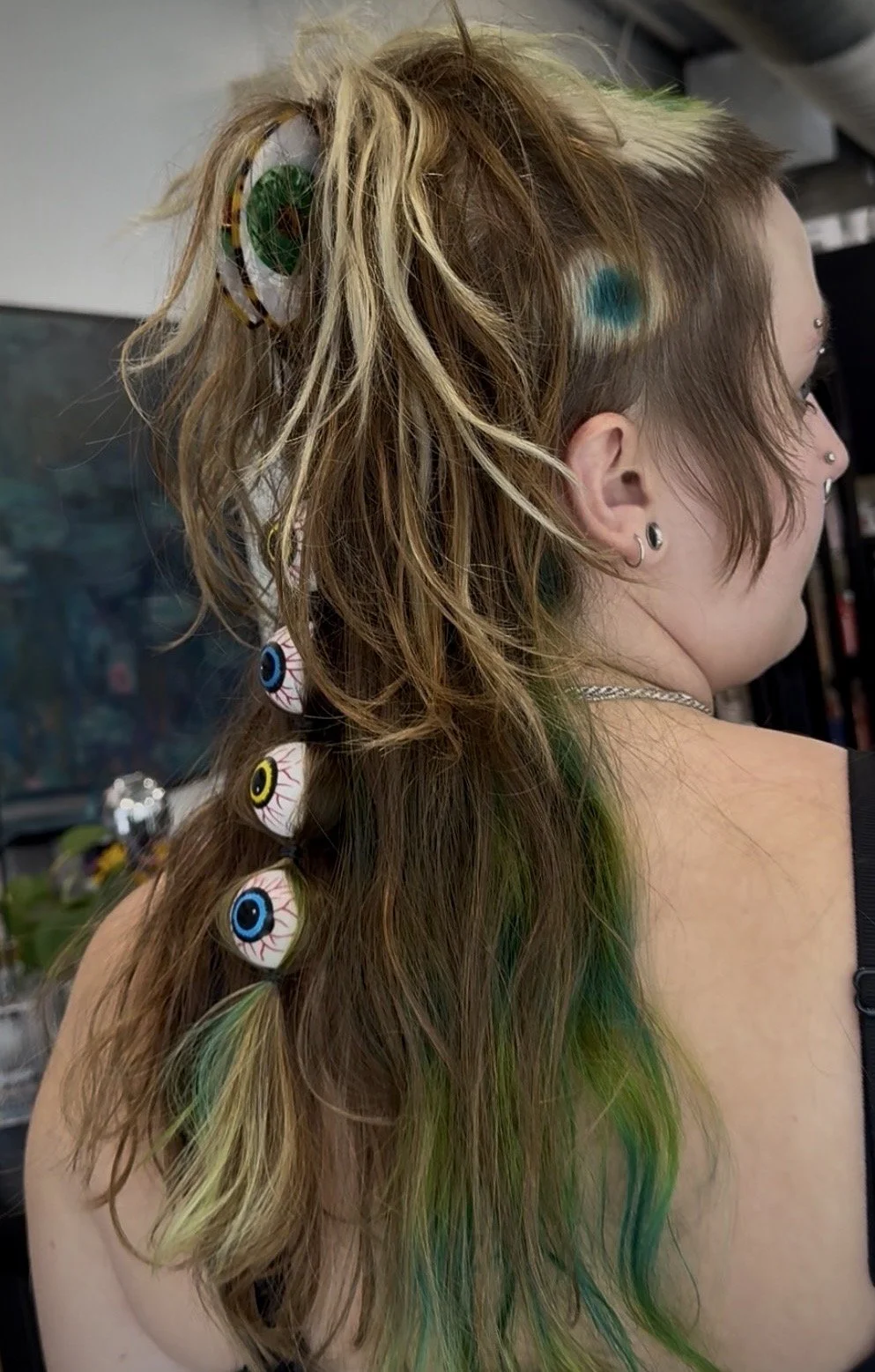Moss Green and Teal Eyeball Hair Design by Evelyn Clubb