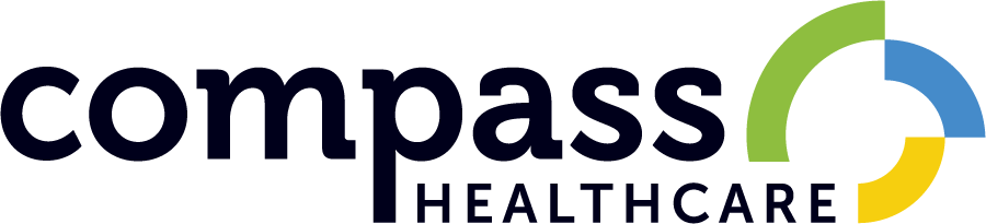 Logo of Compass Healthcare with a circular graphic in green, blue, and yellow.