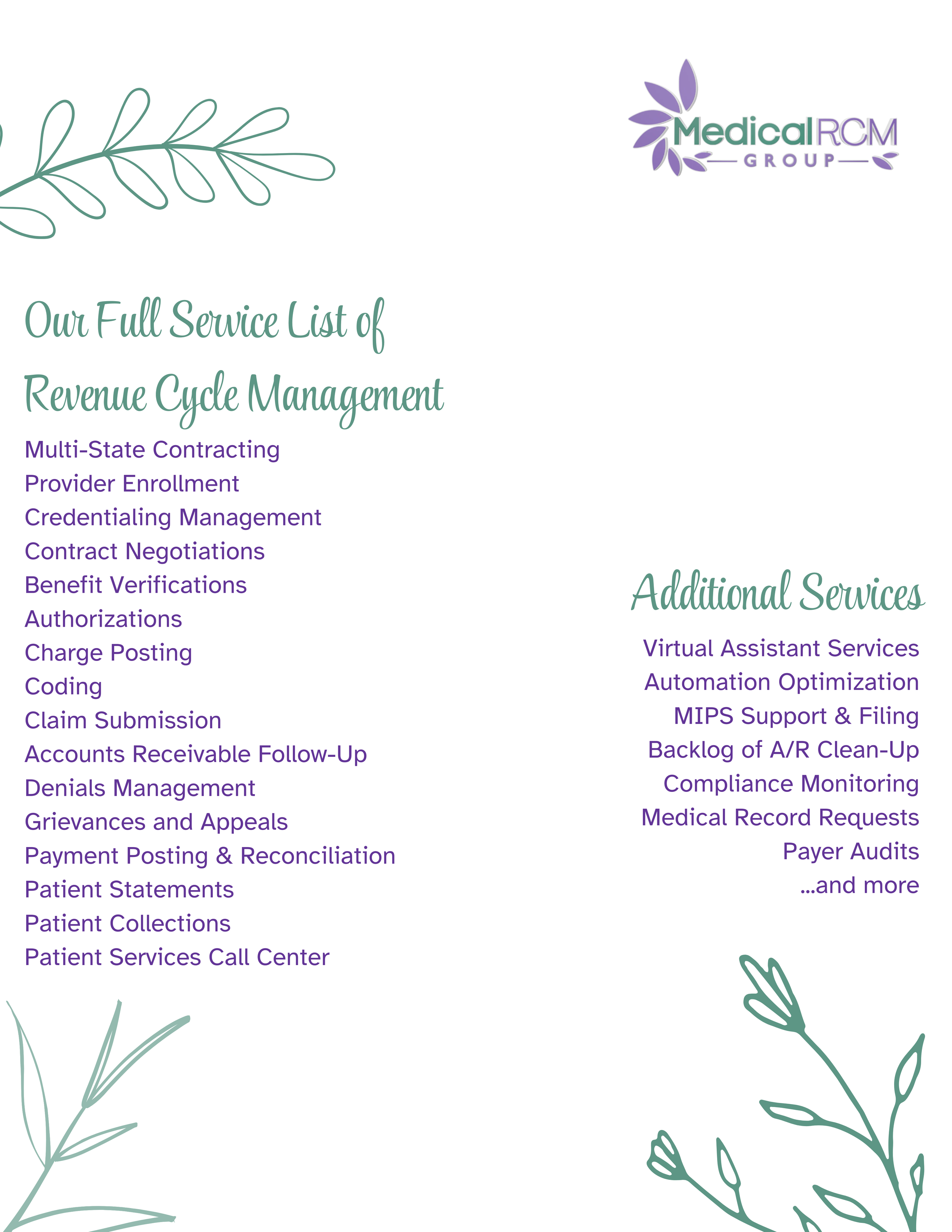 A document listing services offered by Medical RCM Group, including revenue cycle management, multi-state contracting, provider enrollment, credentialing, contract negotiations, benefit verifications, and additional services like virtual assistance and automation, with decorative leaves and the company logo.