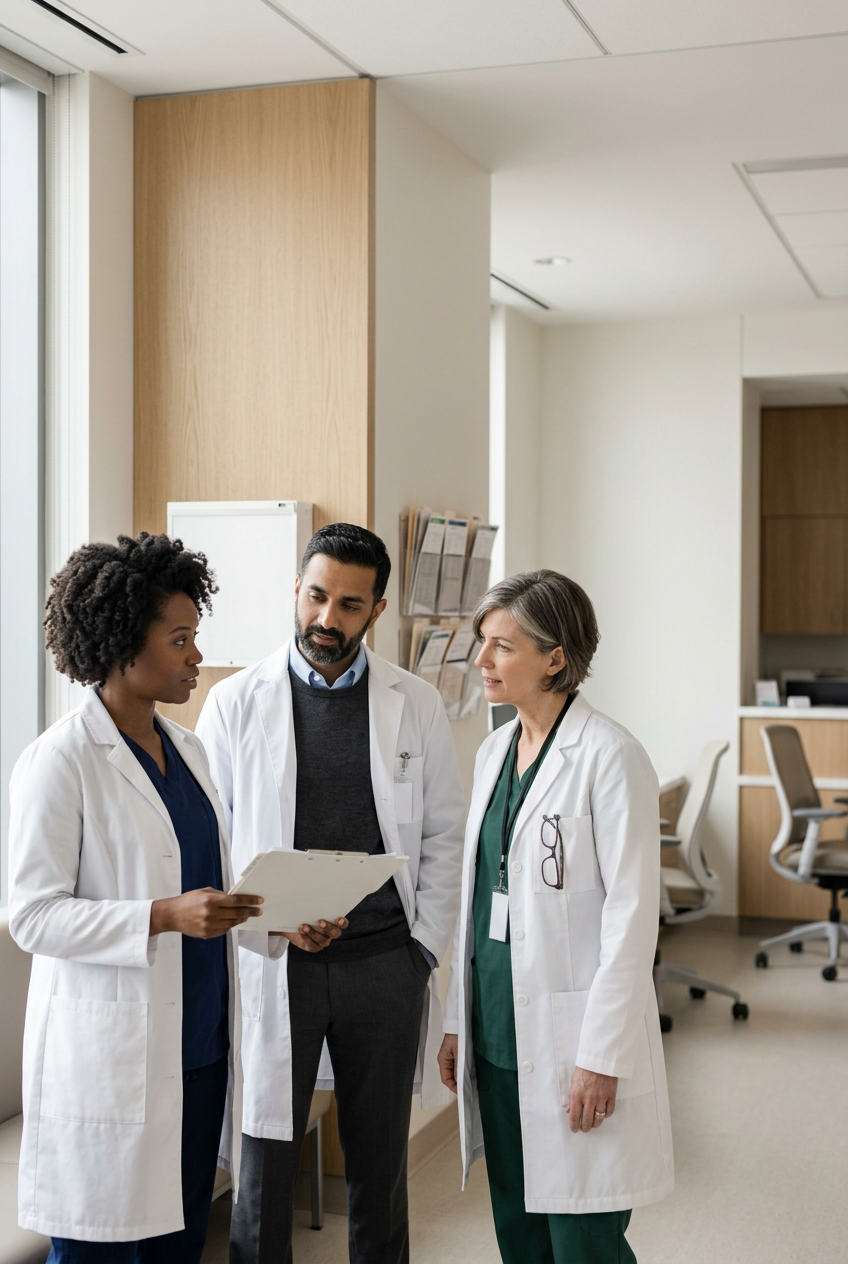 Three healthcare professionals in white coats having a discussion in a hospital or clinic setting.