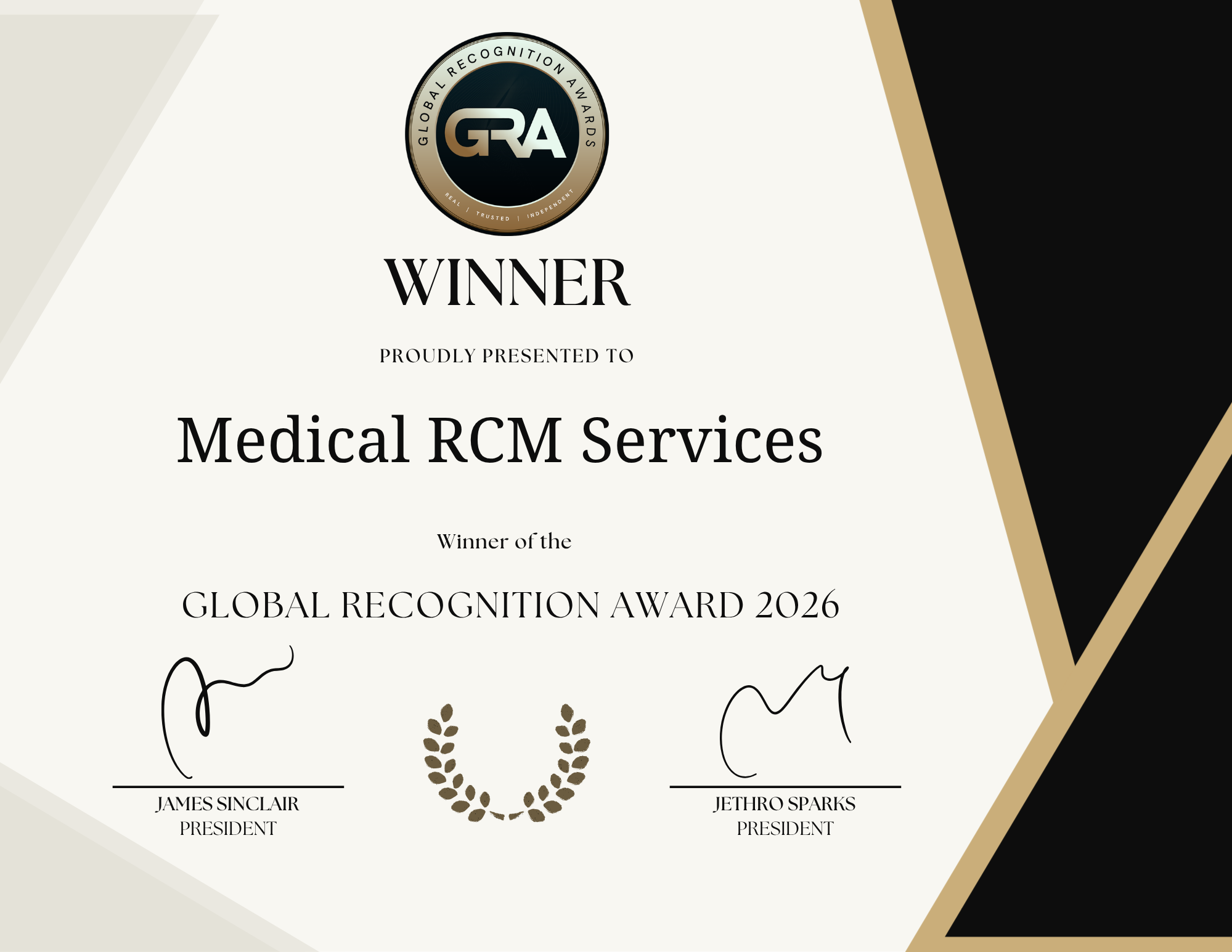 A certificate of award for Medical RCM Services, presented by the Global Recognition Awards 2026, with signatures from James Sinclair and Jethro Sparks, and a laurel wreath emblem at the bottom.