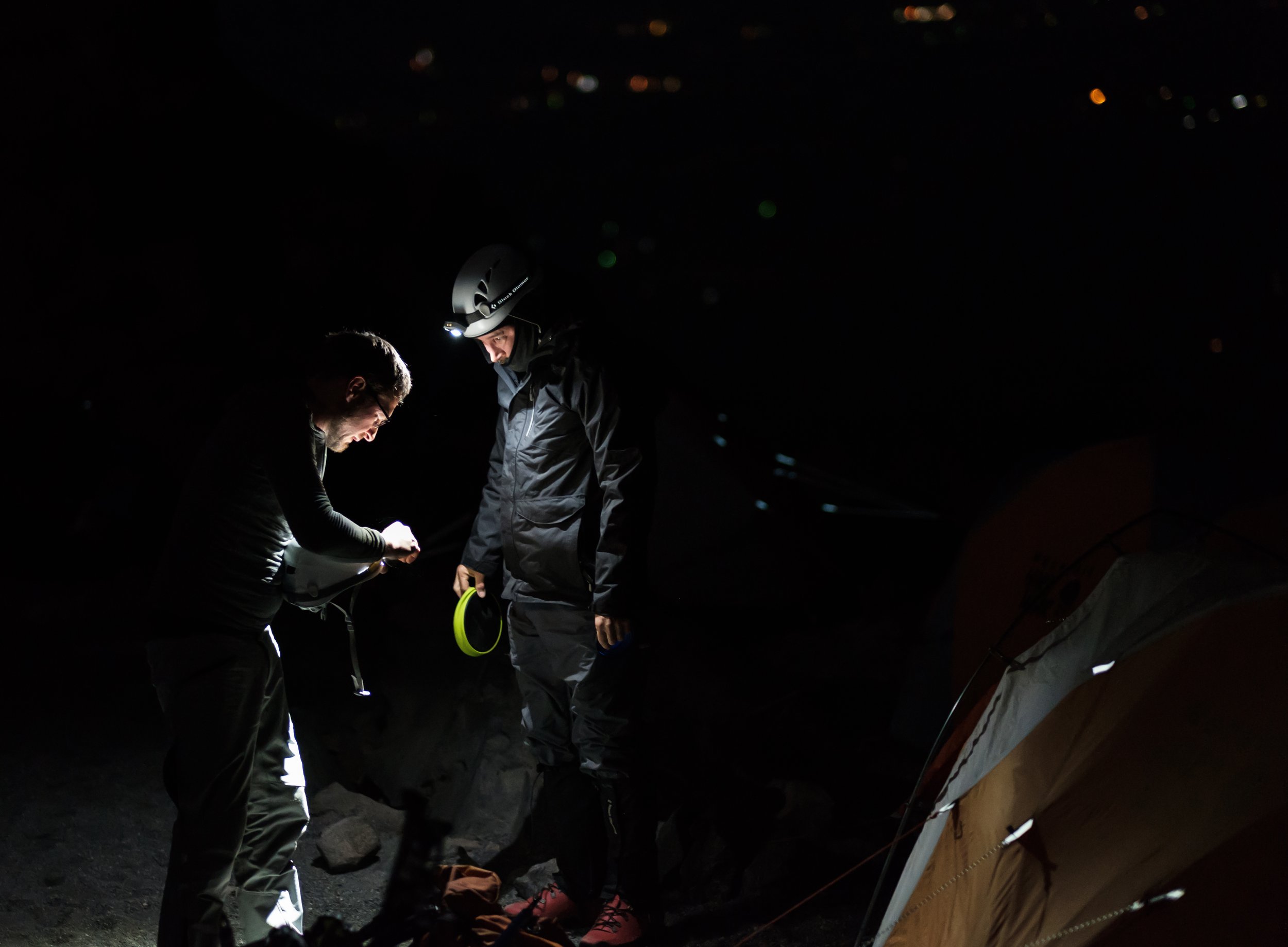 Climbers prepare to climb mt. Shasta in the dark.