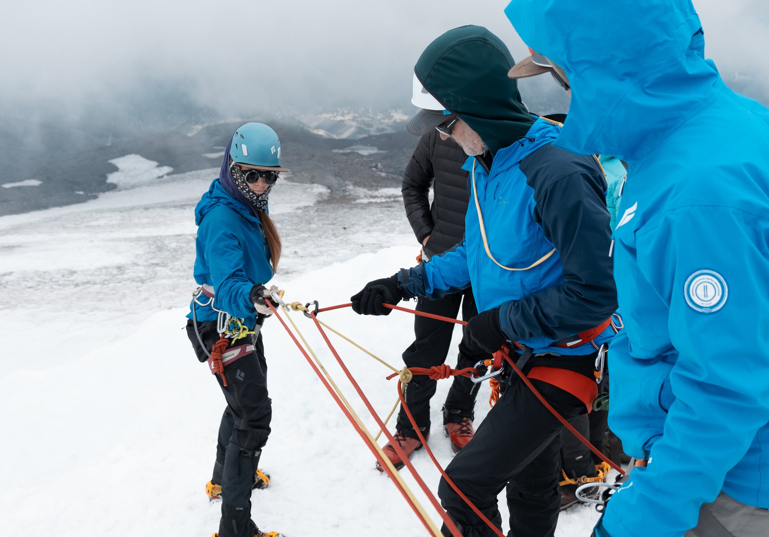 Mountaineers prepare for climbing Denali by learning rope systems.