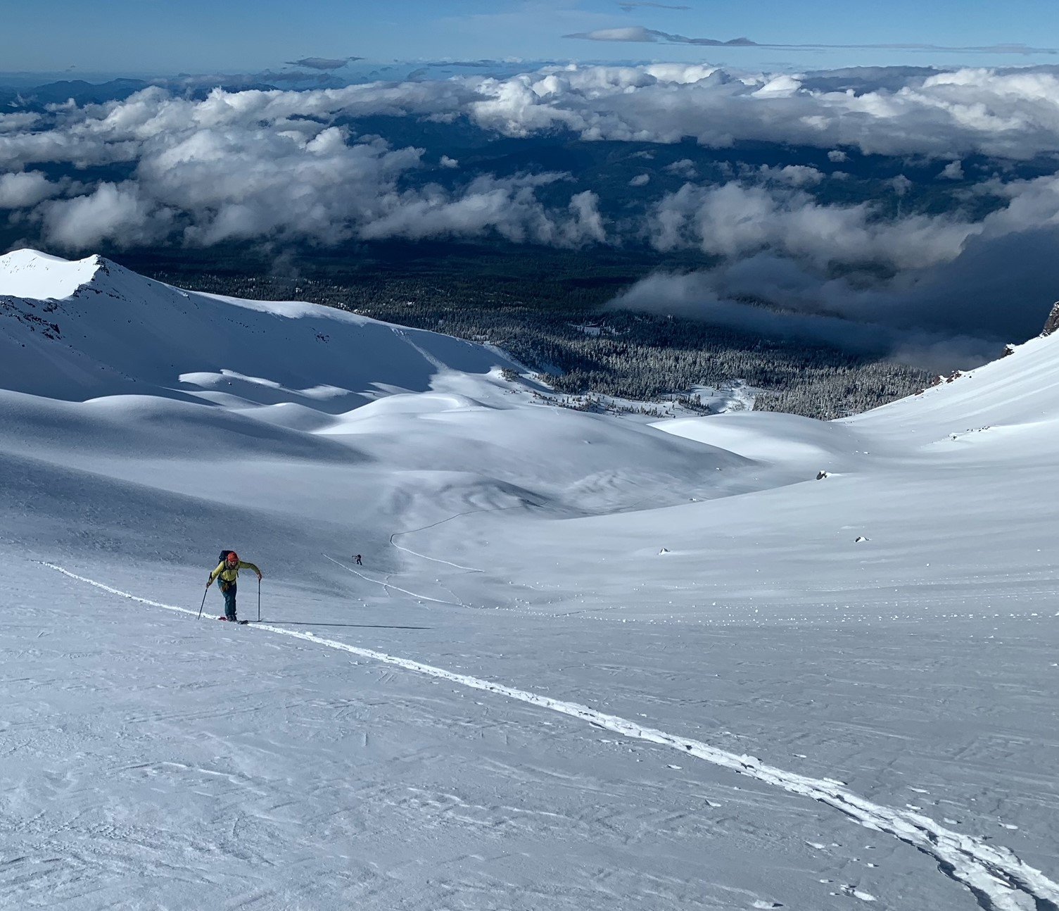 Mt shasta backcountry skier uses the skin track of their guide