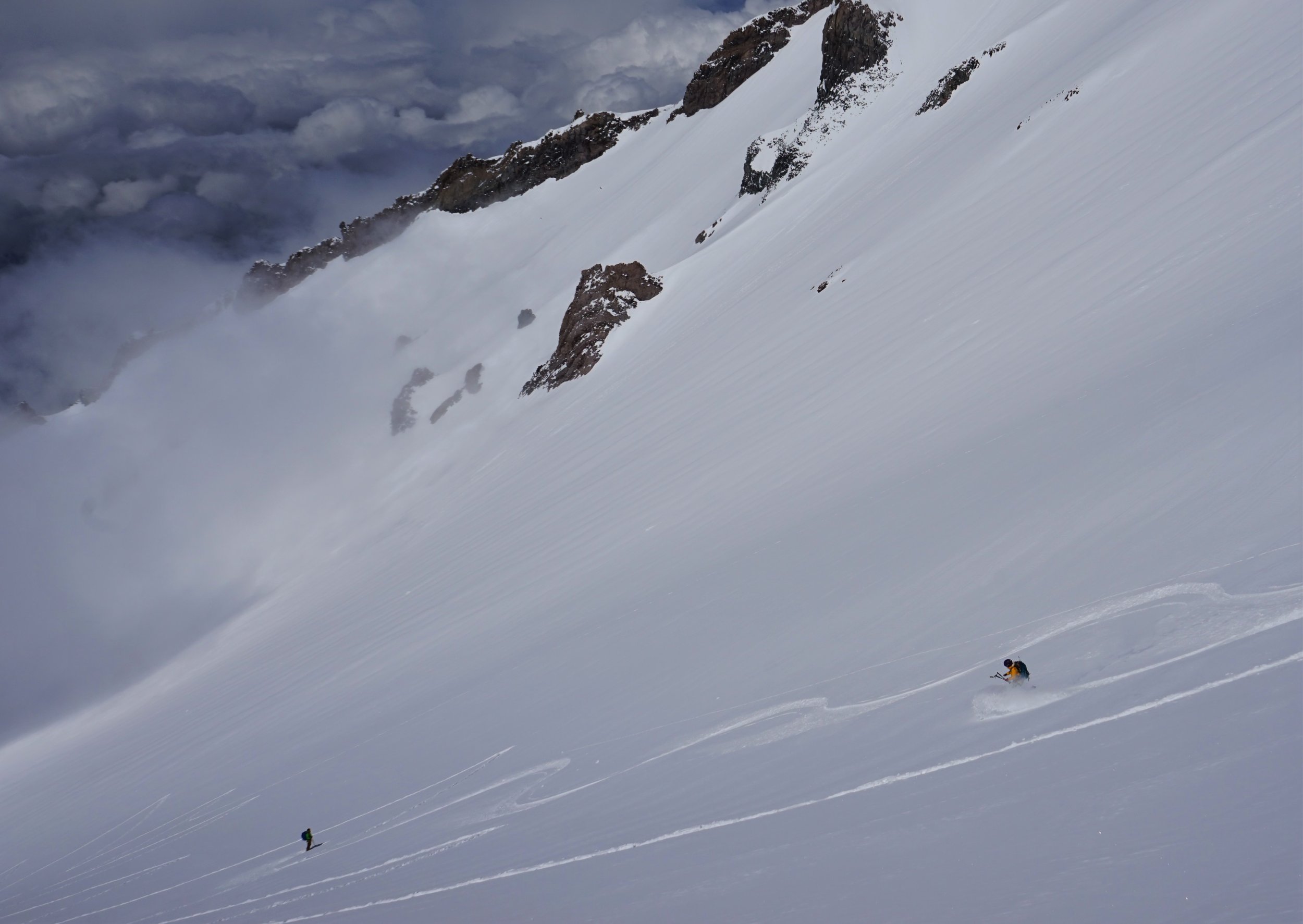 Skier ascends the slopes on mt shasta