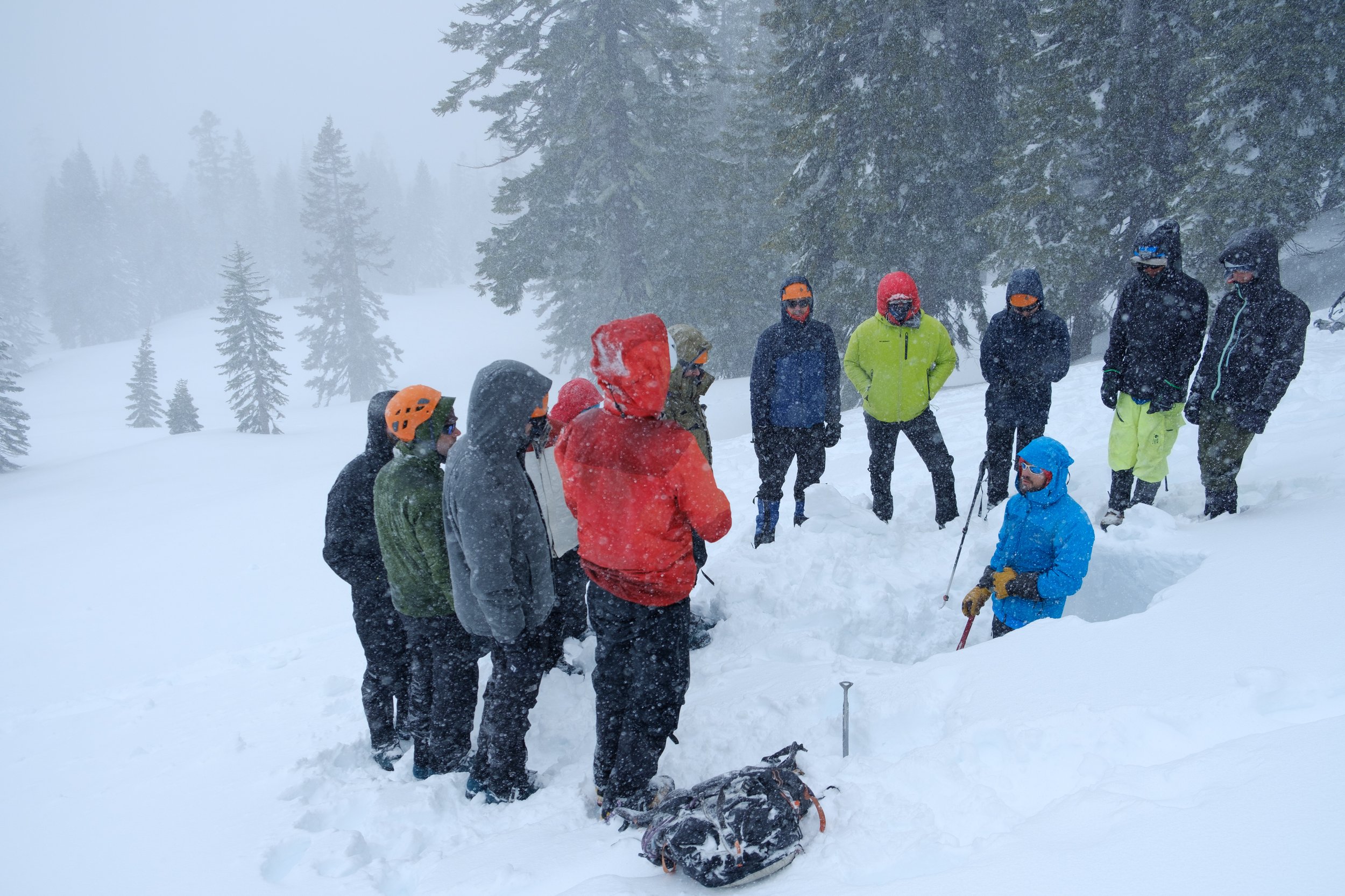 AIARE course participants observe layers of snow in a snow pit. 
