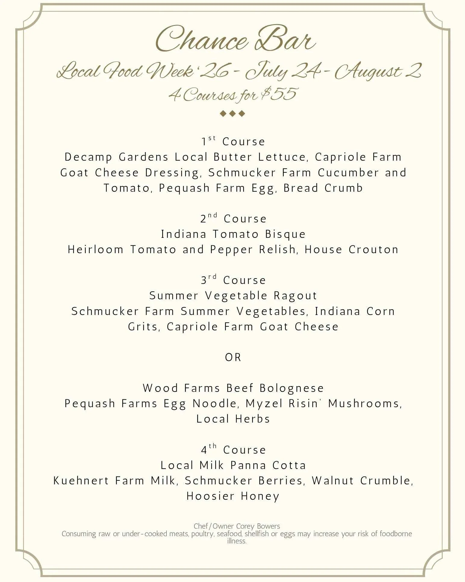 Chance Bar four-course Local Food Week tasting menu featuring locally sourced Fort Wayne ingredients and Myzel Risin’ cultivated mushrooms.