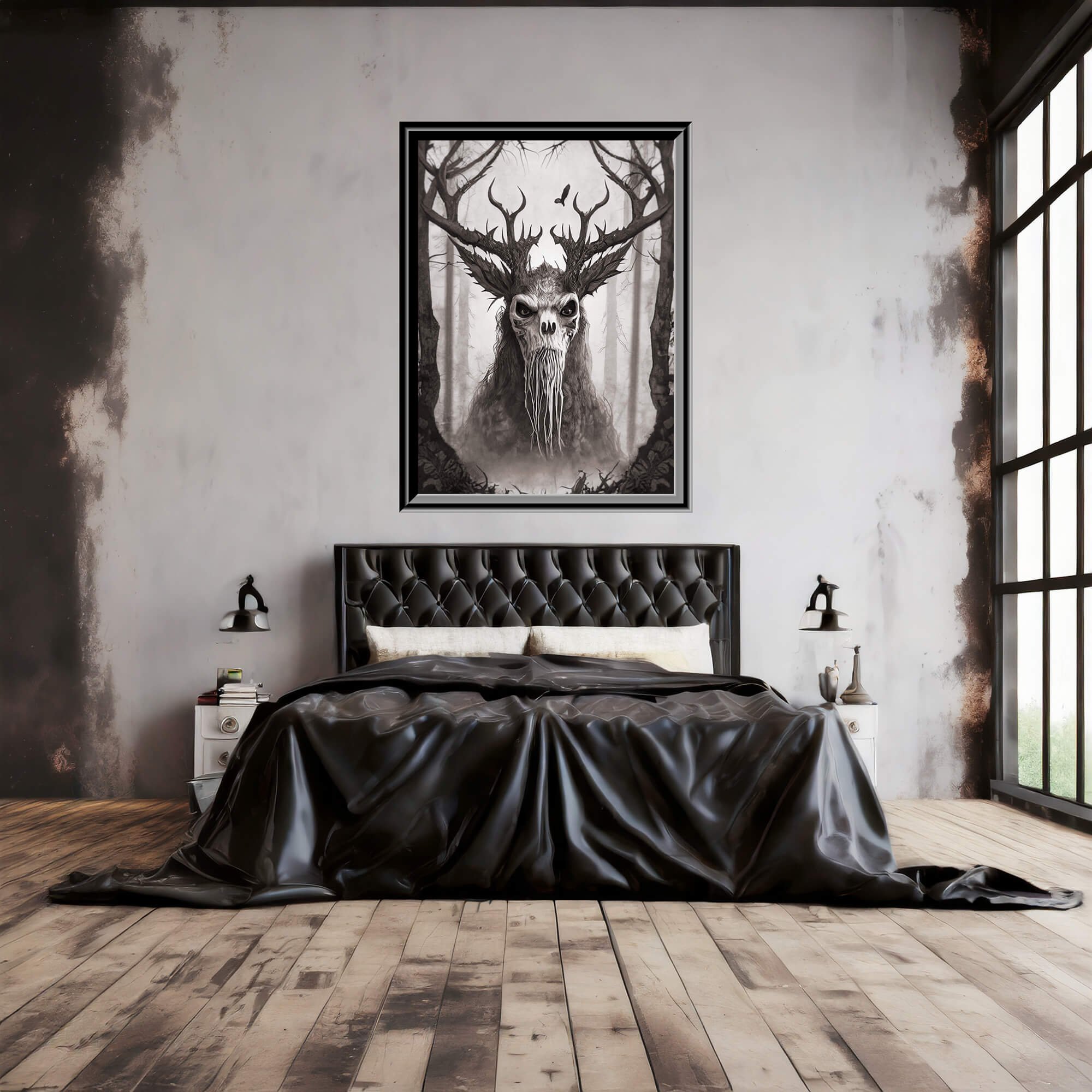 Goth bedroom with a Wendigo painting above a black bed with plush leather headboard.