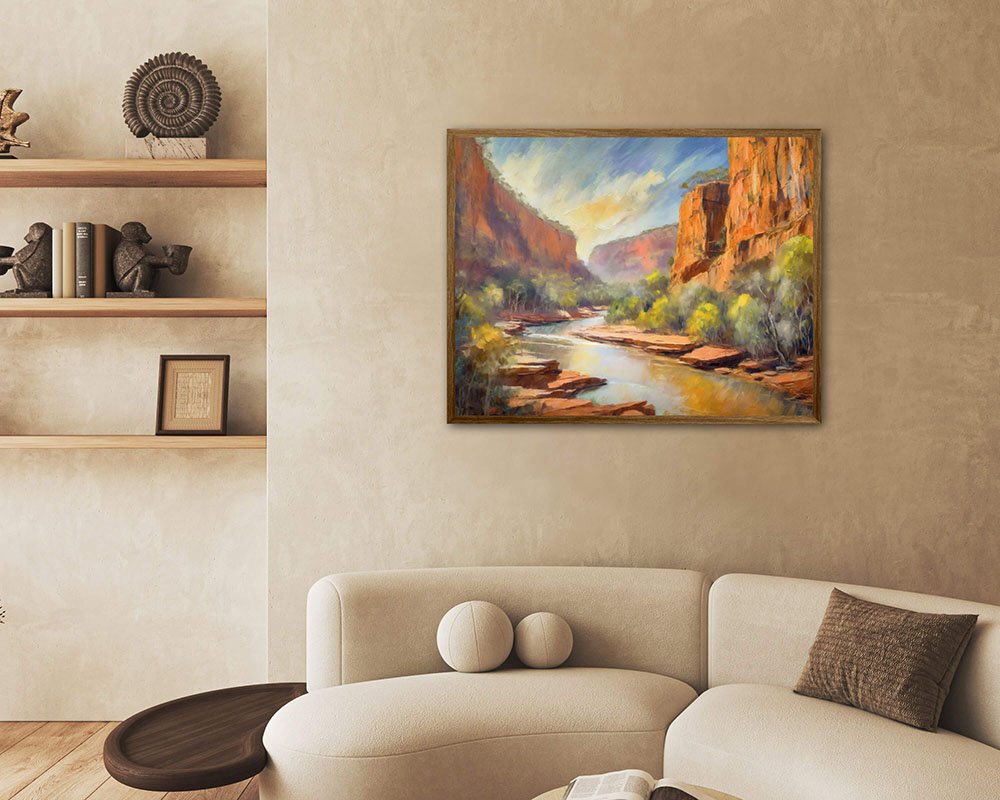 Modern living room with earth tones and Katherine Gorge painting above the sofa.