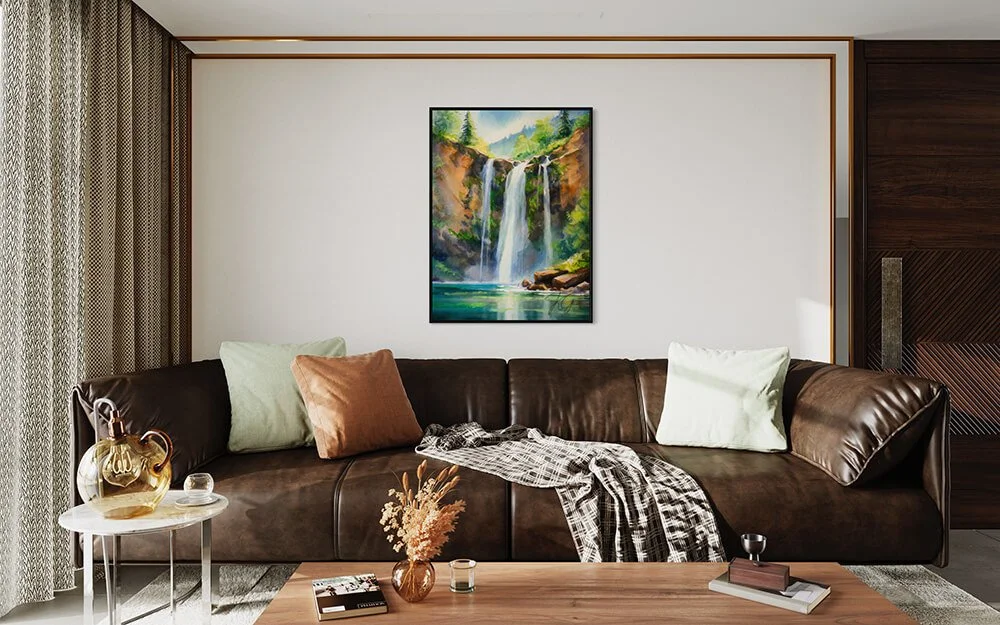 A tranquil waterfall painting is centered above a brown sofa with cozy throws and cushions, creating a warm living space.