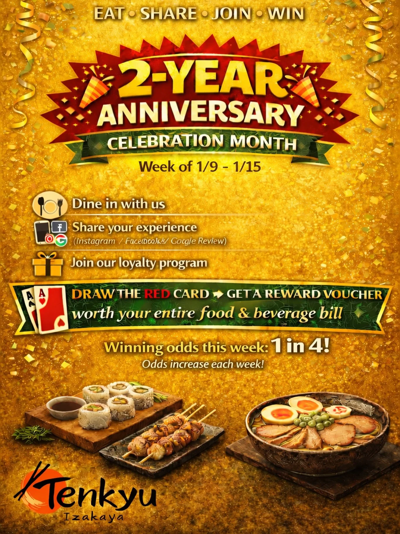 Odds increased! 1/4 chance earn your entire dinner back!  #champaign #urbana #uiuc #sushi #sake