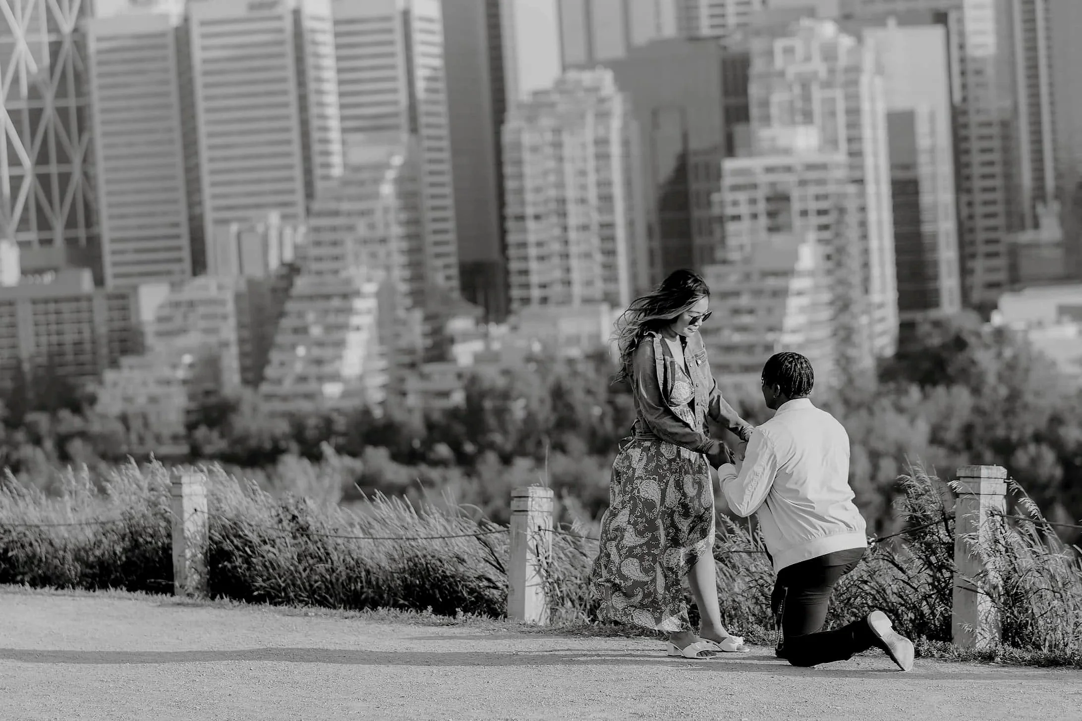 calgary alberta engagement photo session of a proposal at cresent heights