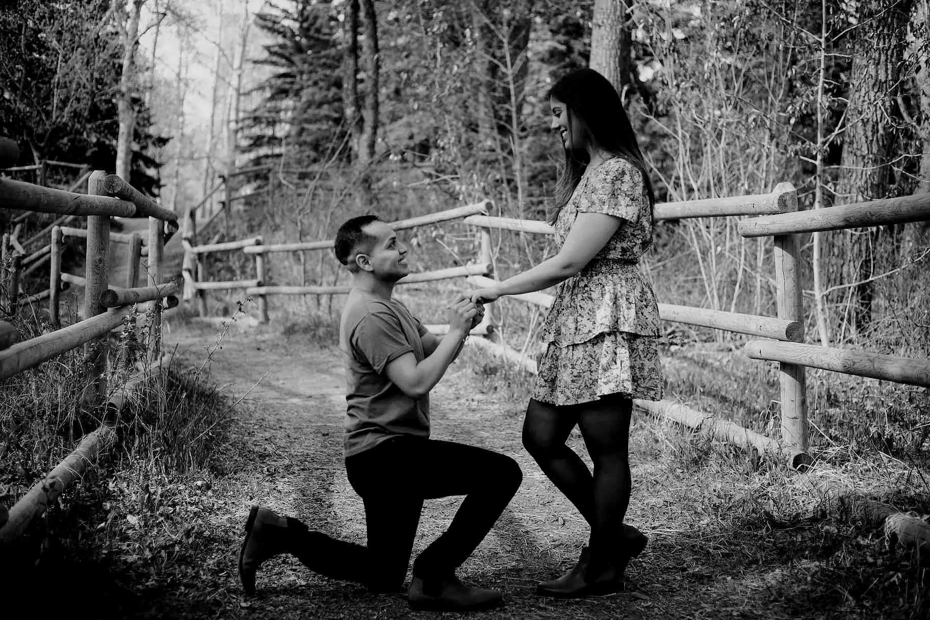 Engagement portrait photo of boyfriend on one knee putting the ring on his girlfriend's finger at Lindsay Park in Calgary during the fall time