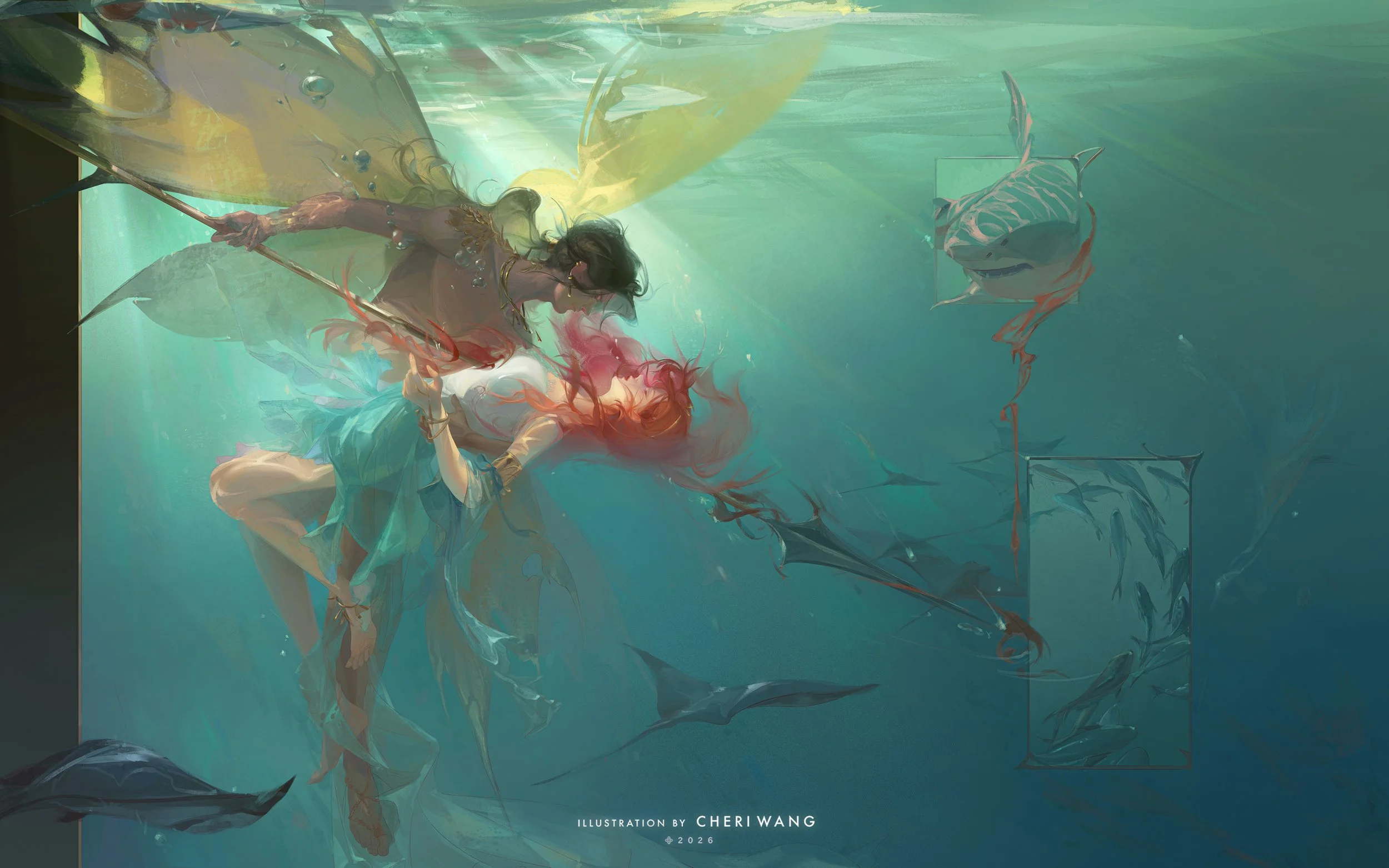 A fantasy scene of a woman with dark hair in flowing clothing swimming underwater alongside a large shark and a stingray. The woman is holding a spear and has colorful, translucent wings or fabric behind her. The background is an ocean or sea setting