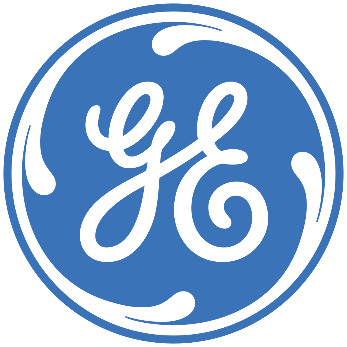A blue circular logo with white cursive lettering that spells 'GE'.