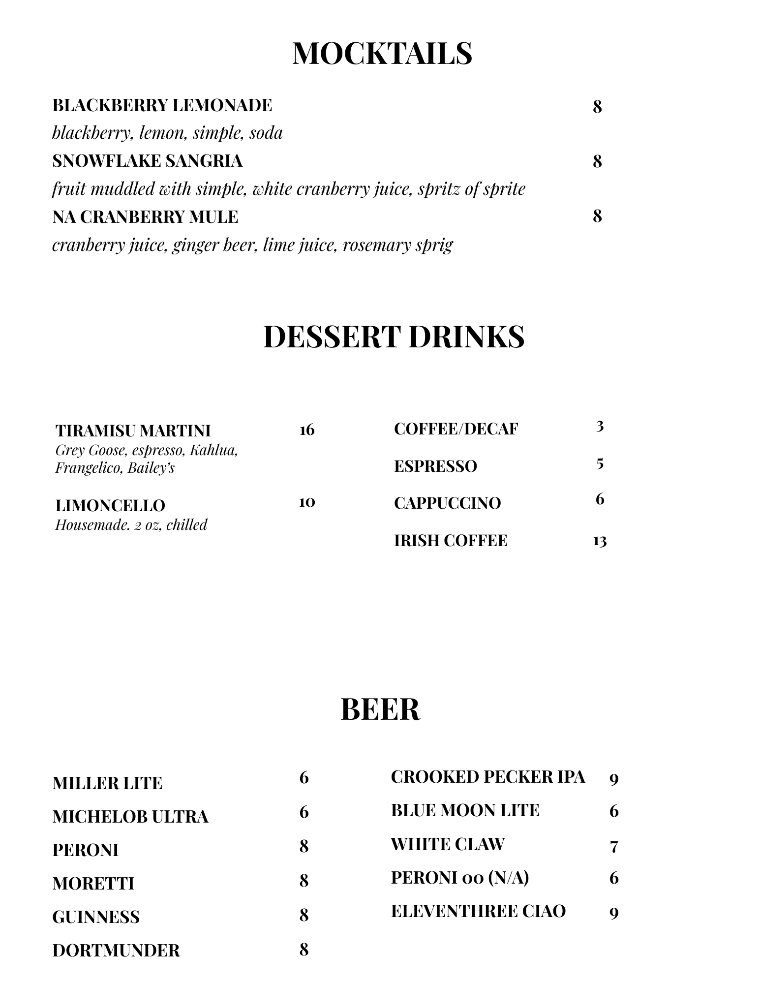 Drink menu featuring mocktails, dessert drinks, and beers with their ingredients and prices.