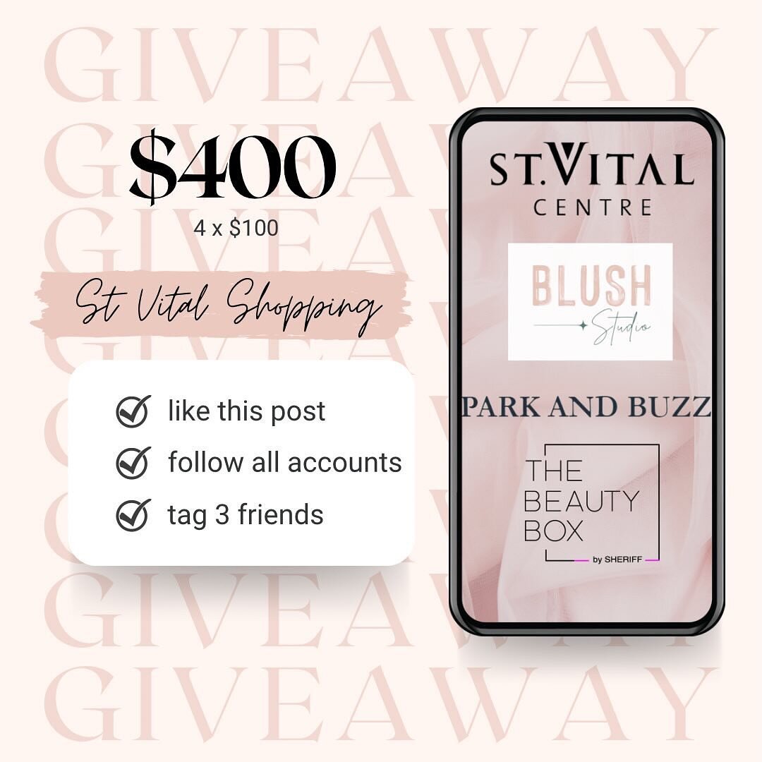 💖GIVEAWAY TIME💖

With the craziness of the upcoming holidays, we want to treat one lucky person to a self care package! 🛍️

Included is a ✨$100✨ gift card to each of the following, all found in the St Vital Centre:
🎀 @stvitalcentre
🎀 @blushwpg.s