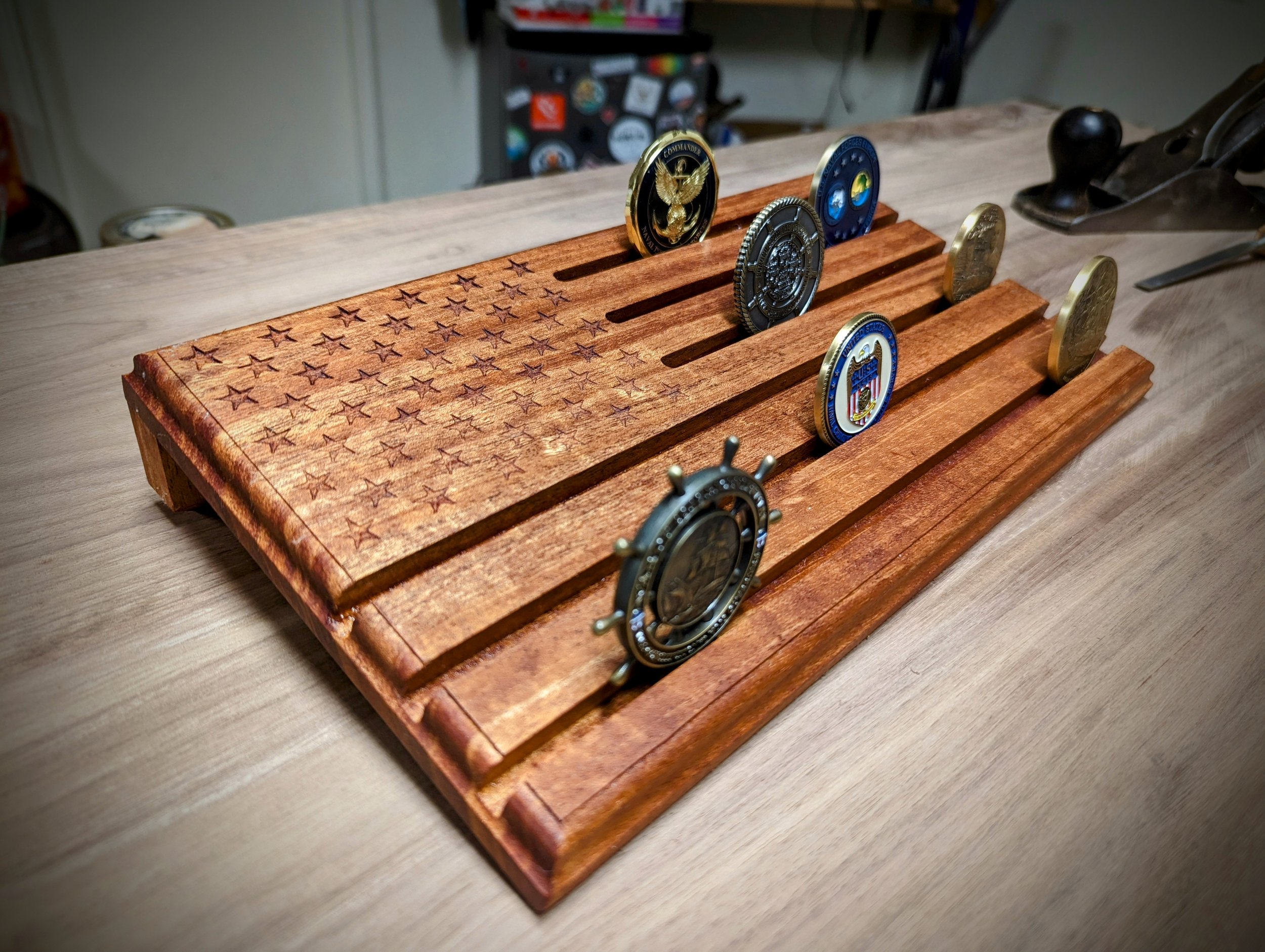 American Flag Challenge Coin Holder, Military Challenge Coin Display, Solid Hardwood