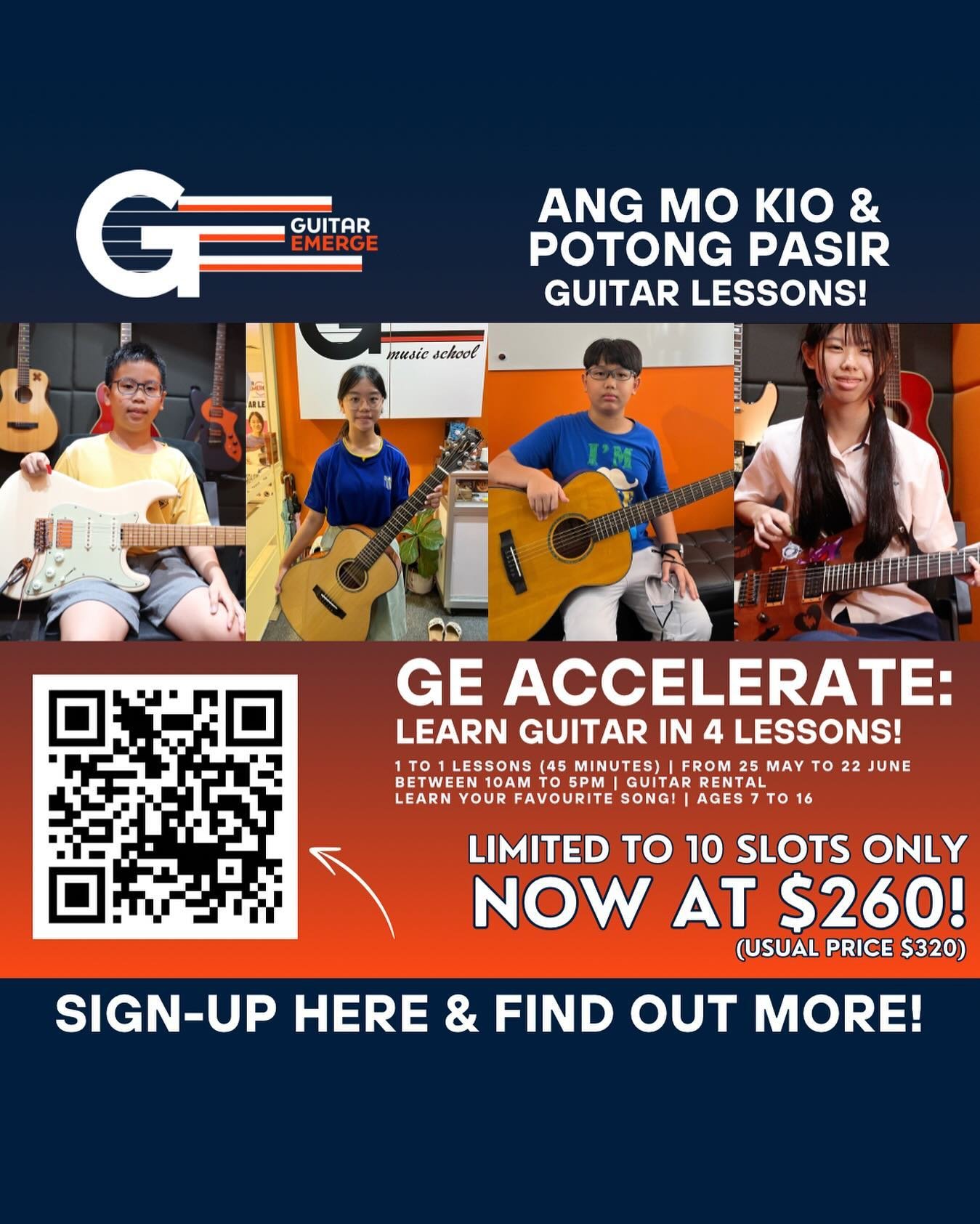 June holidays are around the corner &amp; GE Accelerate is back! In the span of 4 LESSONS, we will equip you the essentials into becoming a blooming guitarist! Looking for students/ youths who are looking for a fun way to spend their holidays! Limite