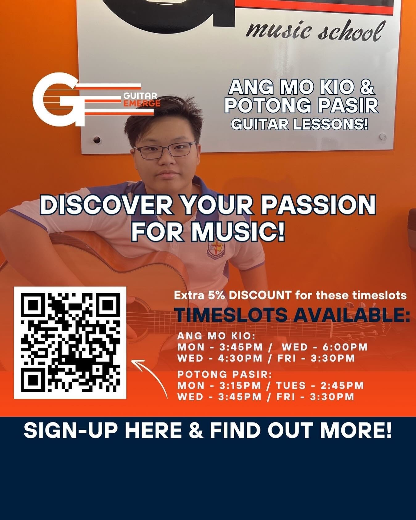 Discover your true passion, with us! 1 TO 1 Guitar Lessons at Ang Mo Kio/ Potong Pasir! Looking for students who want to pick-up the guitar! We are running a special promo, FREE GUITAR for new sign-ups! Stocks are limited! Join us today &amp; start j