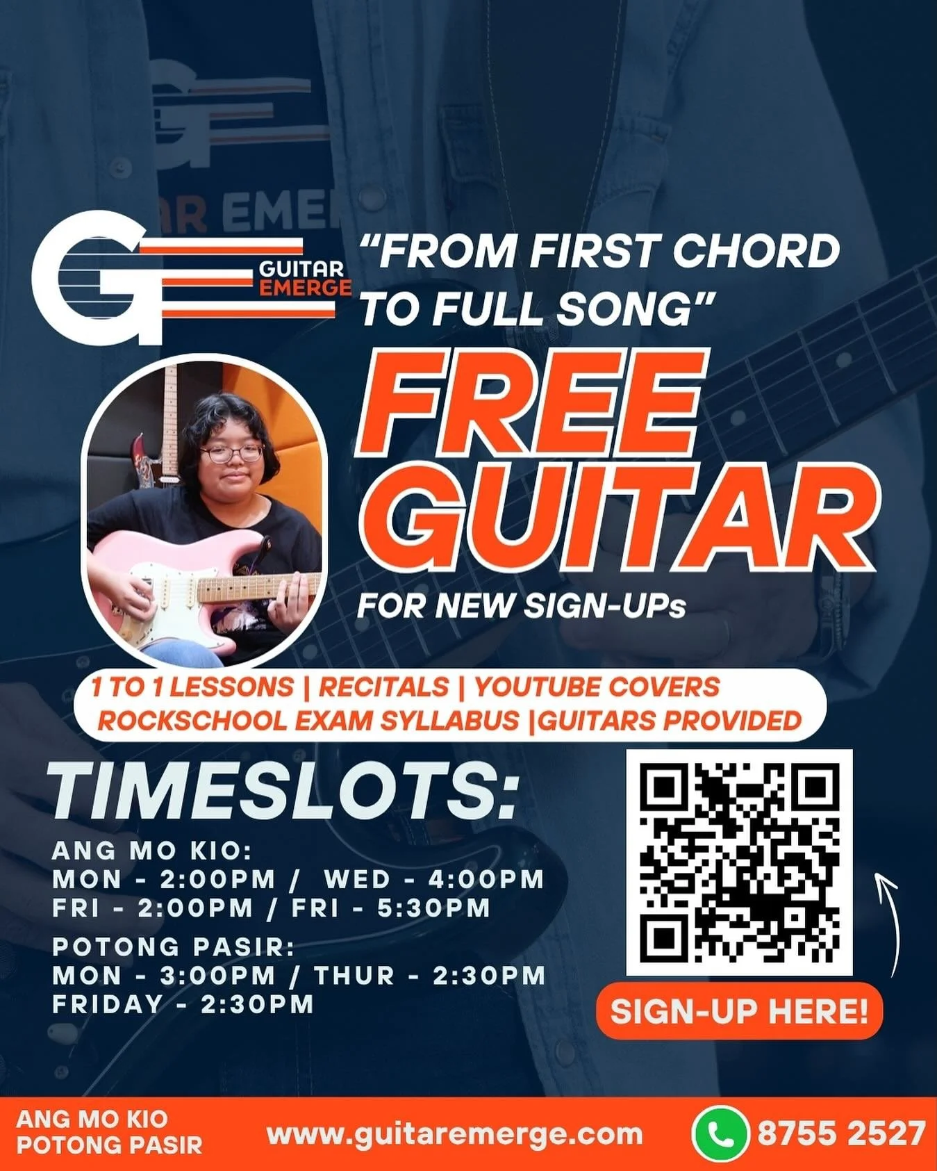 🎸FROM FIRST CHORD TO FULL SONG! 🎸 
Considering to take Guitar Lessons? Look no further, here in Guitar Emerge we will guide you to your musical goals! 
We will give YOU: 
✅ 1-on-1 personalized lessons, customised to your learning style
✅ Performanc