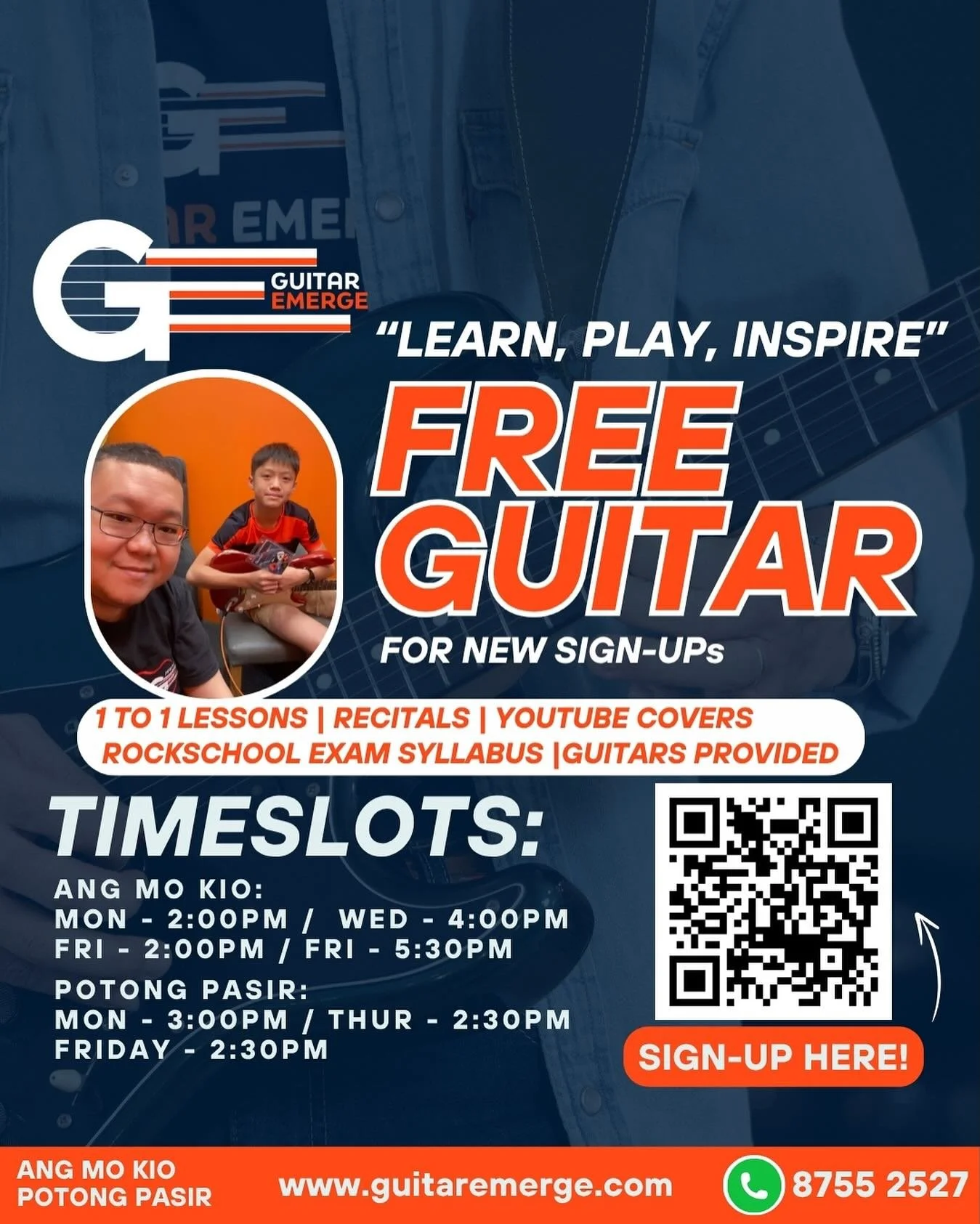 🎸Learn, Play, Inspire! 🎸 
Considering to take Guitar Lessons? Look no further, here in Guitar Emerge we will guide you to your musical goals! 
We will give YOU: 
✅ 1-on-1 personalized lessons, customised to your learning style
✅ Performance opportu