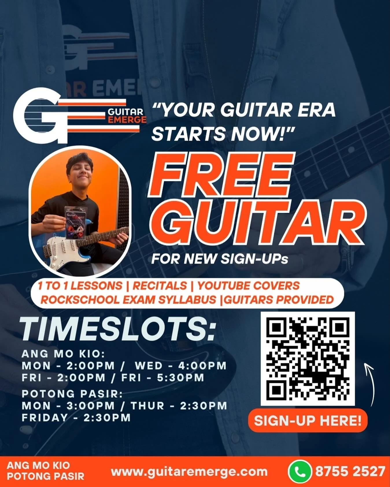 🎸Your Guitar Era Starts Now! 🎸 
Considering to take Guitar Lessons? Look no further, here in Guitar Emerge we will guide you to your musical goals! 
We will give YOU: 
✅ 1-on-1 personalized lessons, customised to your learning style
✅ Performance o