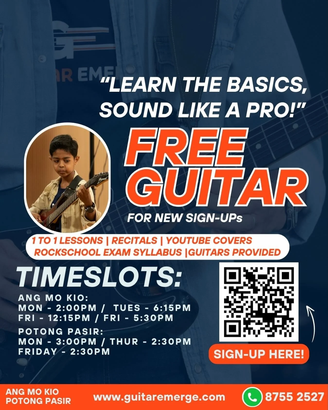 🎸Learn The Basics, Sound Like A Pro! 🎸
Considering to take Guitar Lessons? Look no further, here in Guitar Emerge we will guide you to your musical goals!
We will give YOU:
✅ 1-on-1 personalized lessons, customised to your learning style
✅ Performa
