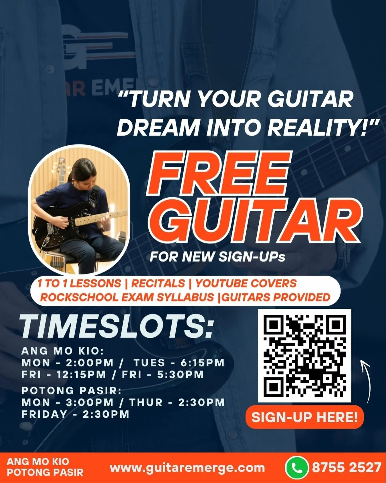 🎸Turn Your Guitar Dream Into Reality! 🎸 
Considering to take Guitar Lessons? Look no further, here in Guitar Emerge we will guide you to your musical goals! 
We will give YOU: 
✅ 1-on-1 personalized lessons, customised to your learning style
✅ Perf