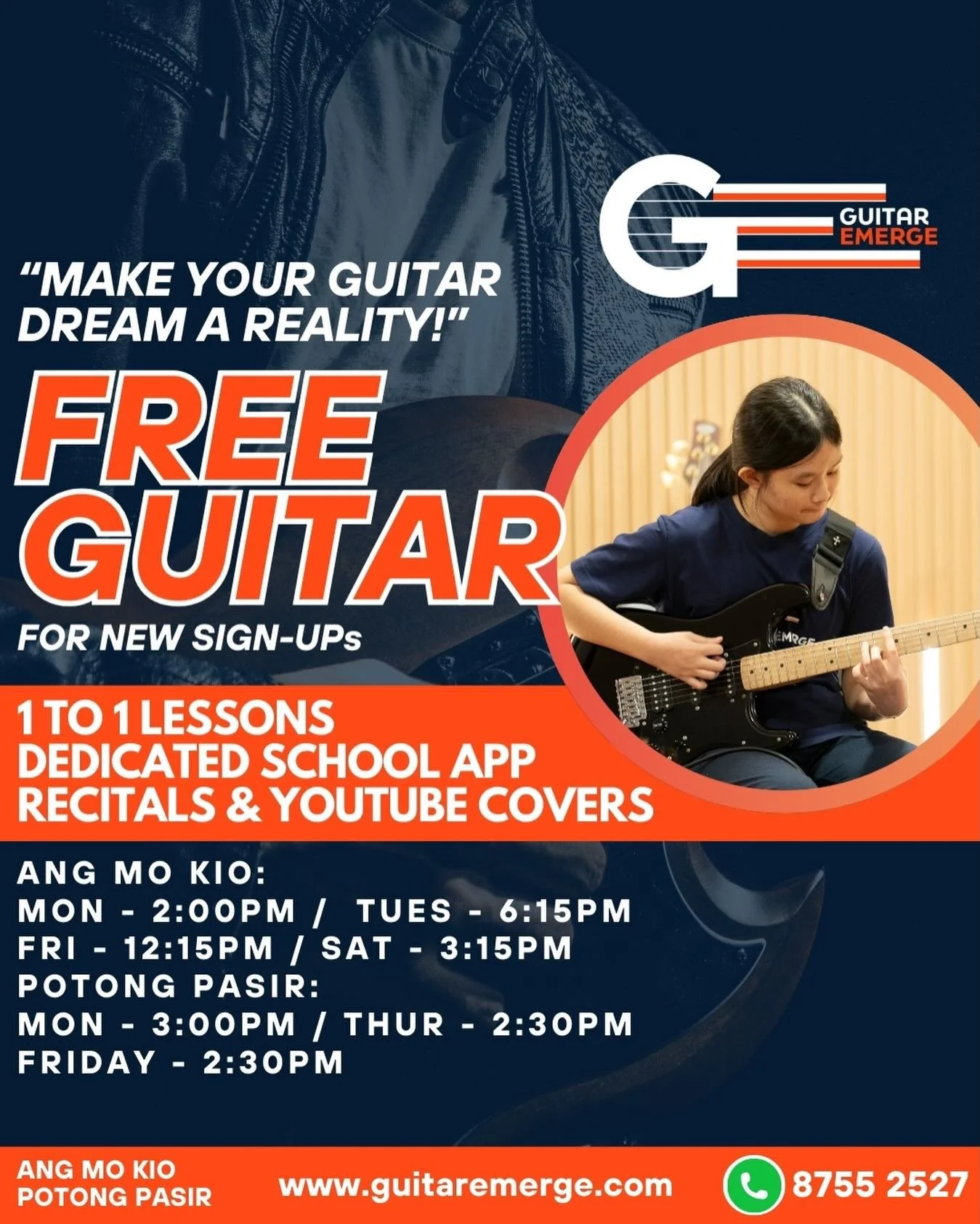 🎸Make Your Guitar Dream A Reality! 🎸 
Considering to take Guitar Lessons? Look no further, here in Guitar Emerge we will guide you to your musical goals! 
We will give YOU: 
✅ 1-on-1 personalized lessons, customised to your learning style
✅ Perform