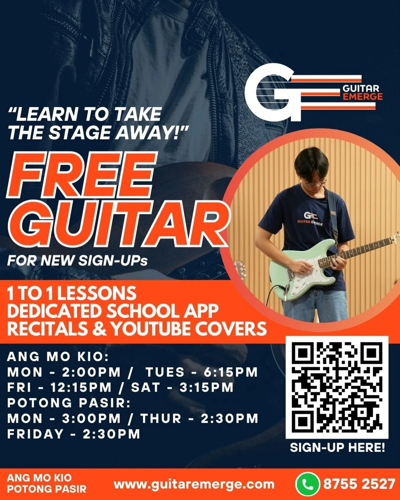 🎸Learn To Take The Stage Away! 🎸 
Considering to take Guitar Lessons? Look no further, here in Guitar Emerge we will guide you to your musical goals! 
We will give YOU: 
✅ 1-on-1 personalized lessons, customised to your learning style
✅ Performance