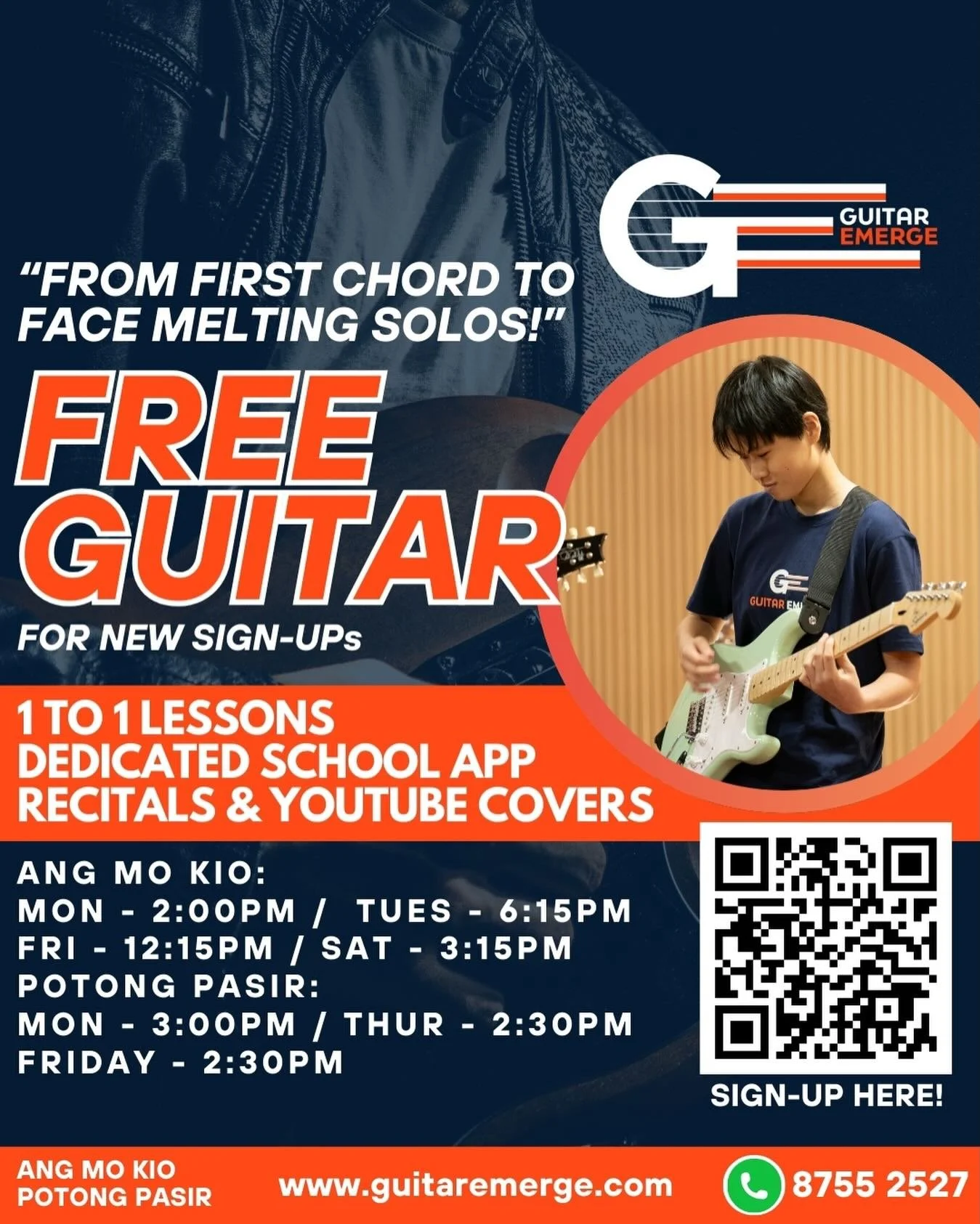 🎸From First Chord To Face Melting Solos! 🎸 
Considering to take Guitar Lessons? Look no further, here in Guitar Emerge we will guide you to your musical goals! 
We will give YOU: 
✅ 1-on-1 personalized lessons, customised to your learning style
✅ P