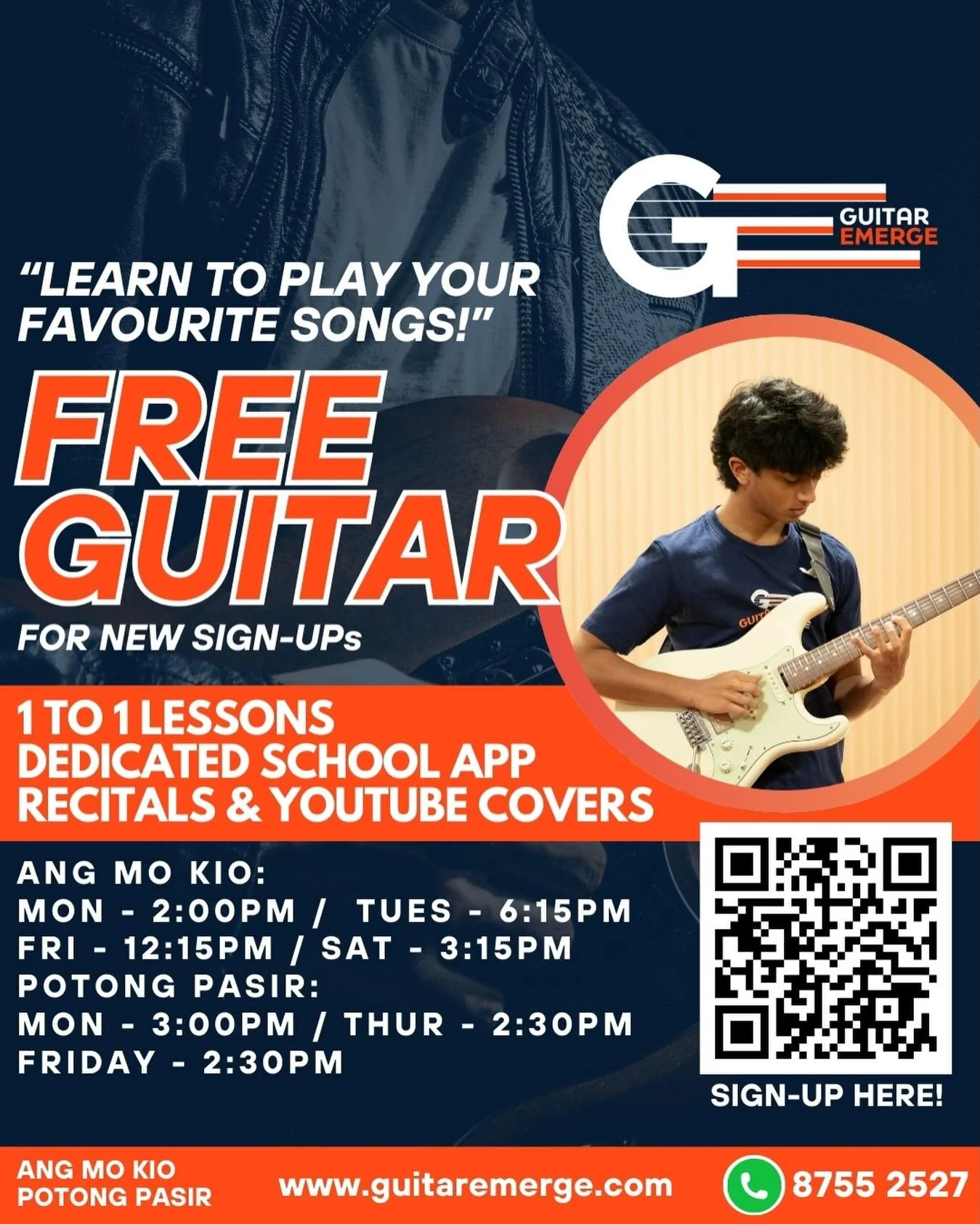 🎸Learn To Play Your Favourite Songs! 🎸 
Considering to take Guitar Lessons? Look no further, here in Guitar Emerge we will guide you to your musical goals! 
We will give YOU: 
✅ 1-on-1 personalized lessons, customised to your learning style
✅ Perfo