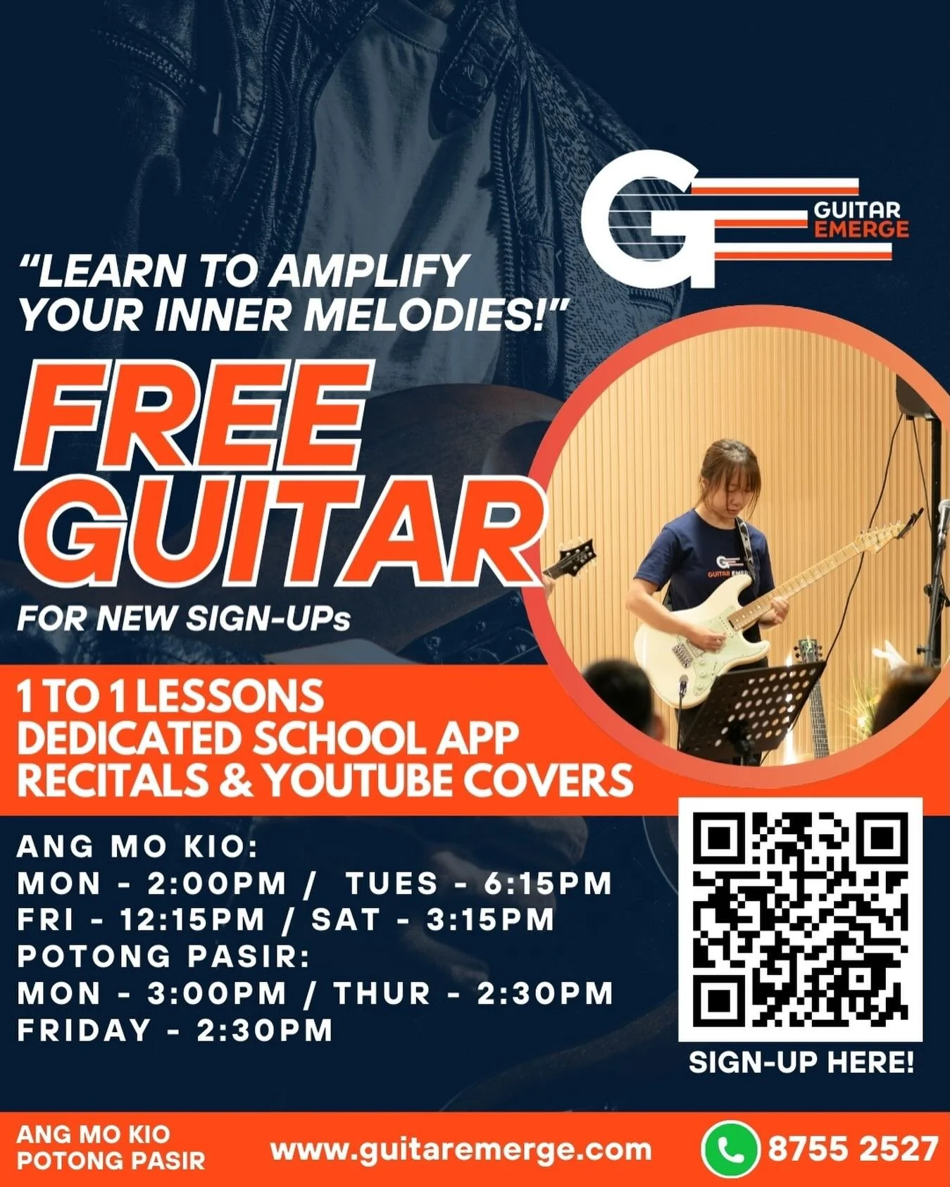 🎸Learn To Amplify Your Inner Melodies! 🎸 
Considering to take Guitar Lessons? Look no further, here in Guitar Emerge we will guide you to your musical goals! 
We will give YOU: 
✅ 1-on-1 personalized lessons, customised to your learning style
✅ Per