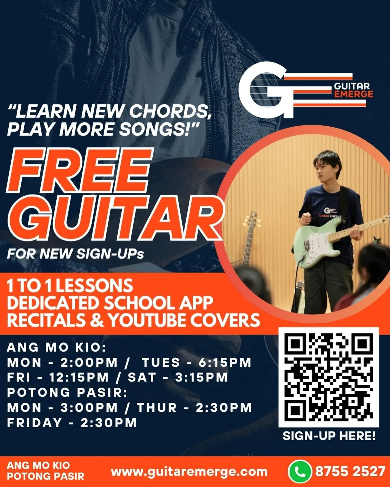 🎸Learn New Chords, Learn New Songs! 🎸 
Considering to take Guitar Lessons? Look no further, here in Guitar Emerge we will guide you to your musical goals! 
We will give YOU: 
✅ 1-on-1 personalized lessons, customised to your learning style
✅ Perfor