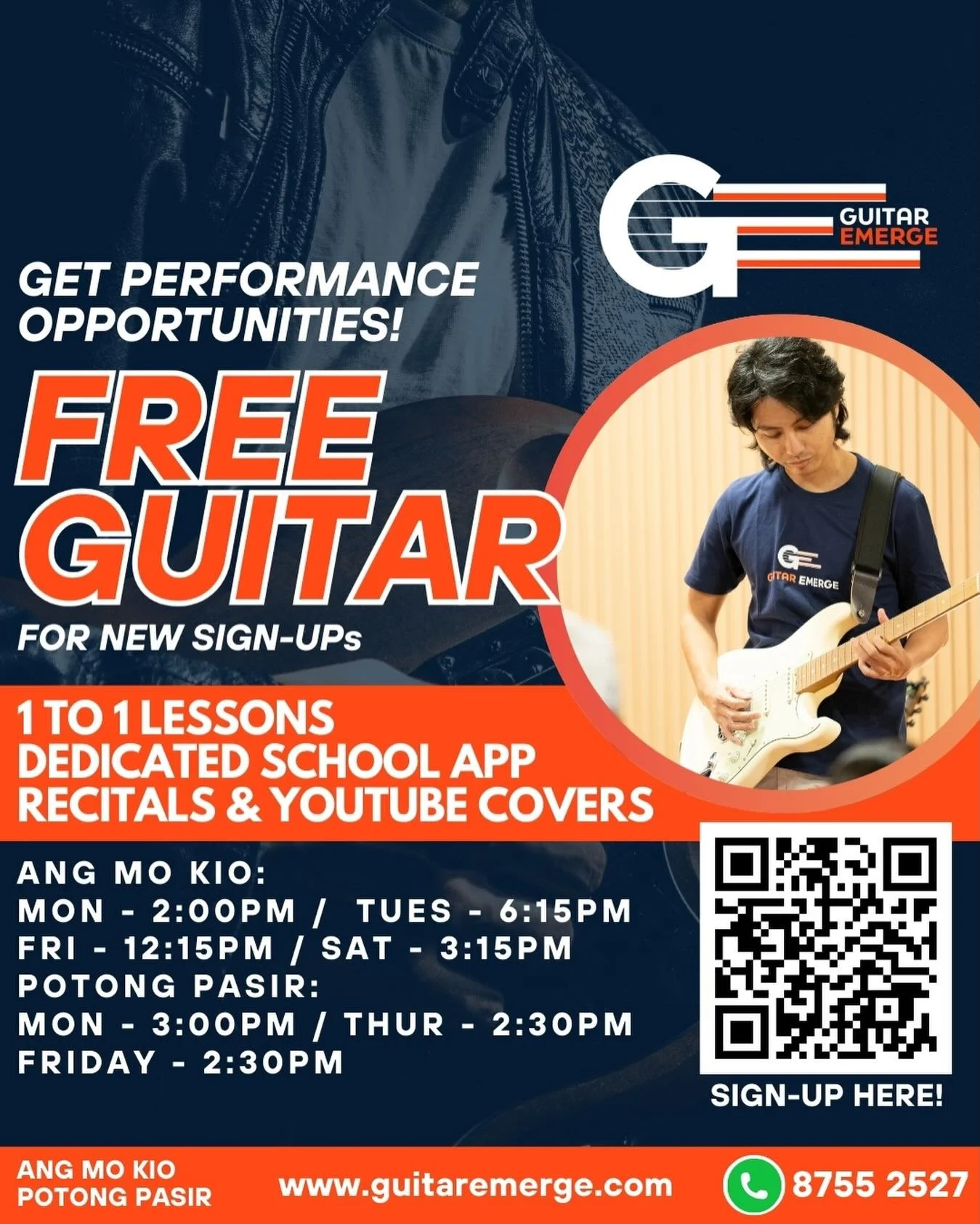 🎸Get Performance Opportunities! 🎸
Considering to take Guitar Lessons? Look no further, here in Guitar Emerge we will guide you to your musical goals!
We will give YOU:
✅ 1-on-1 personalized lessons, customised to your learning style
✅ Performance o