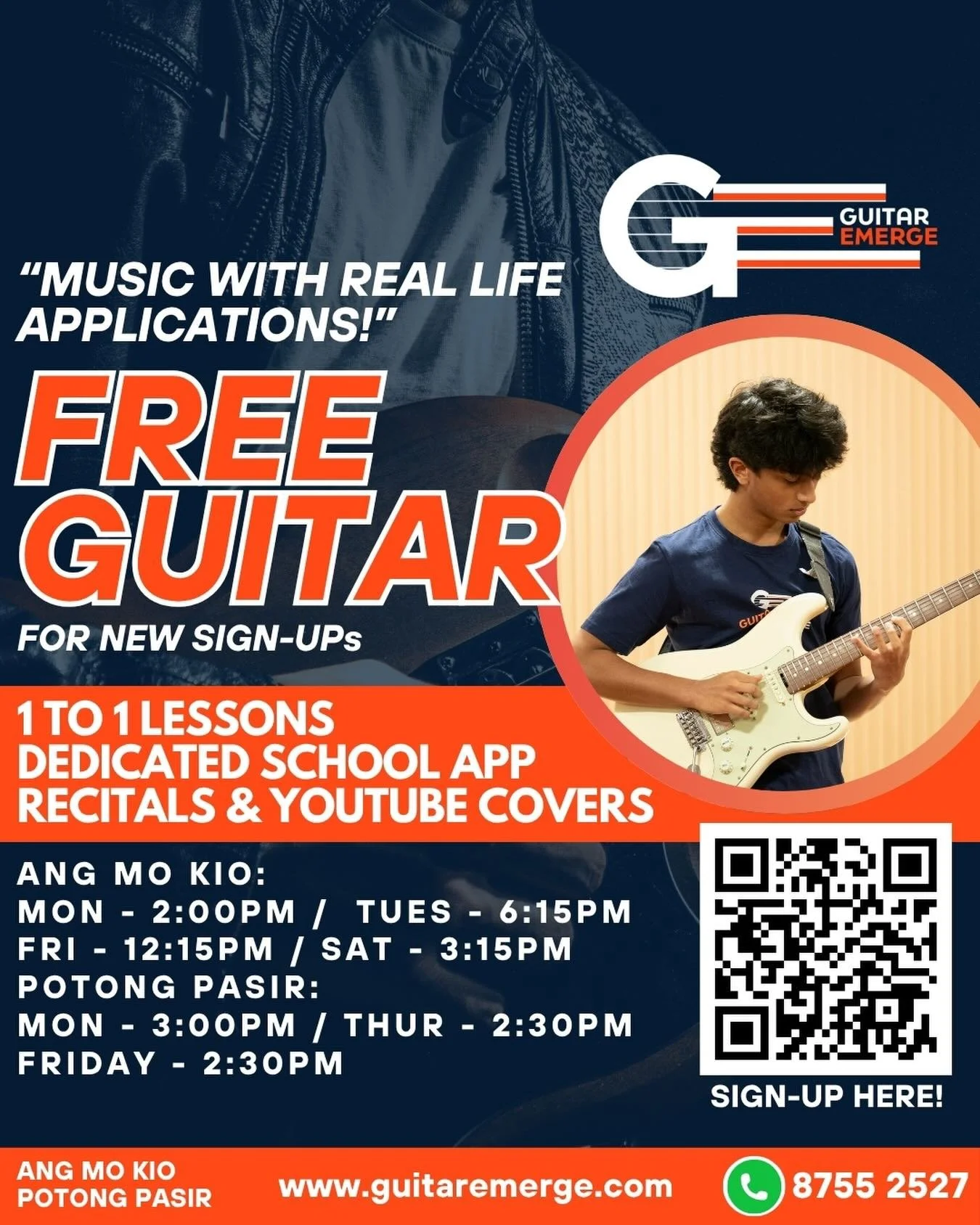 🎸Music With Real Life Applications! 🎸
Considering to take Guitar Lessons? Look no further, here in Guitar Emerge we will guide you to your musical goals!
We will give YOU:
✅ 1-on-1 personalized lessons, customised to your learning style
✅ Performan