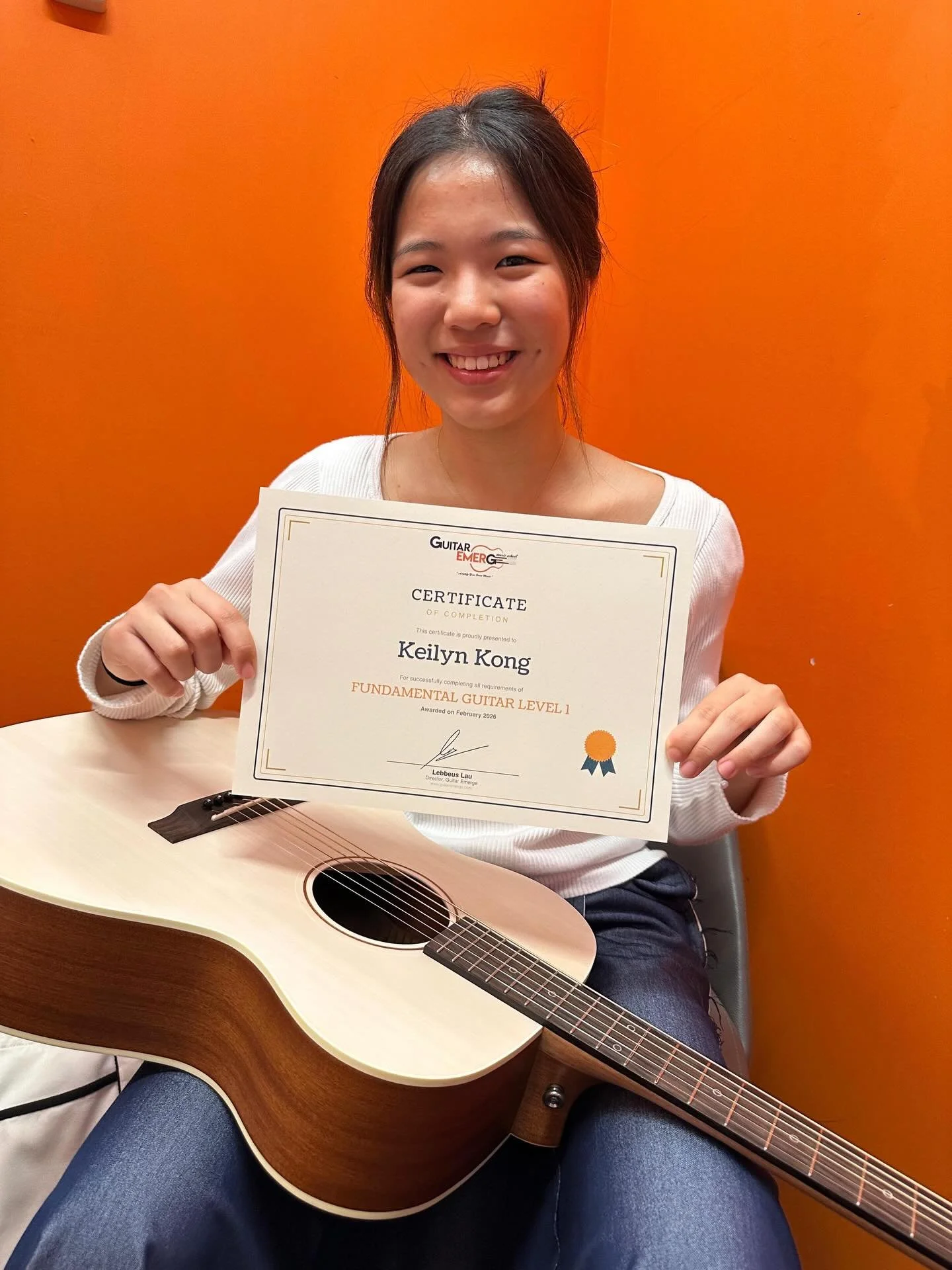 Keilyn joined us about 8 months ago with no prior background in guitar playing. She has recently completed our Fundamental Guitar Level 1 (FG1) and is currently making great progress with our Fundamentals Guitar Level 2 syllabus! Well done, keep up t