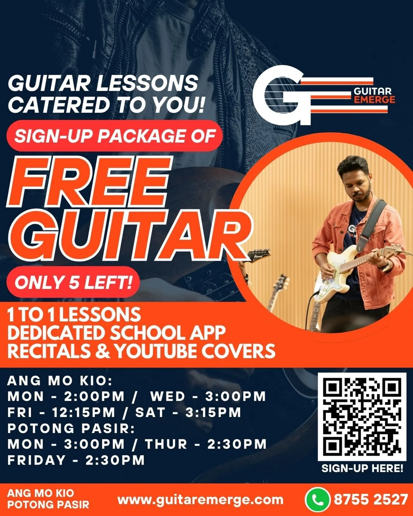 🎸Music With Real Life Applications! 🎸
Sign up for our Guitar Lessons today &amp; you get a FREE GUITAR as part of your sign-up package! ONLY 5 LEFT, get yours today!
We will give YOU:
✅ 1-on-1 personalized lessons, customised to your learning style