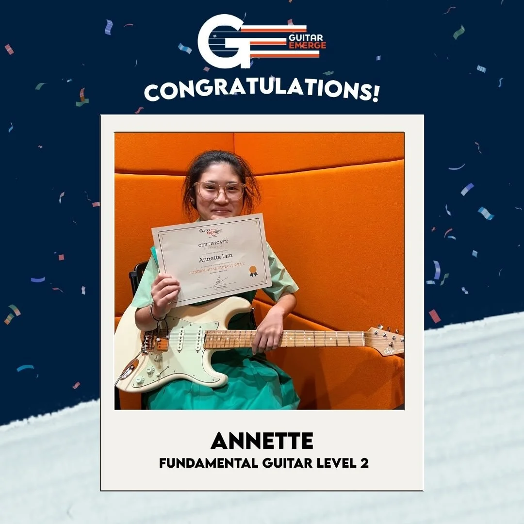 Annette joined Guitar Emerge&rsquo;s Holiday Programme &amp; she has been with us ever since! She started out with no background in guitar and now she is riffing iconic rock songs! If you are looking to play your favourite rock &amp; roll riffs! Sign