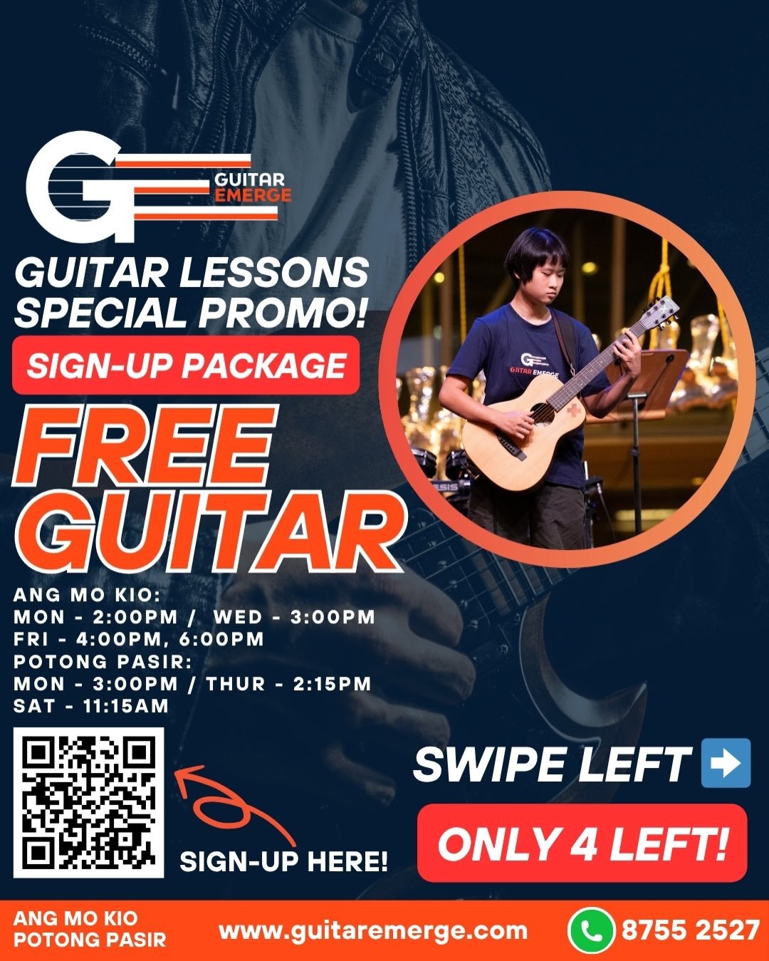 🚨PROMO ALERT 🚨 
Start learning Guitar the right way! Special SIGN-UP PACKAGE, FREE GUITAR to set you up on your journey! Learn your favourite songs and get personalised lessons from our teachers and our very own syllabus! Hurry now, slots are filli
