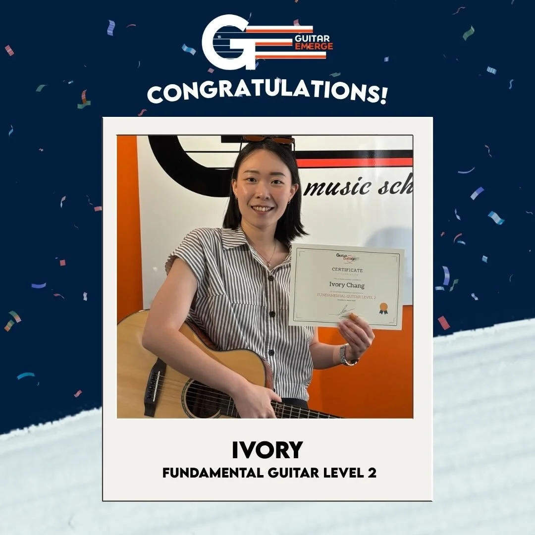 Congratulations Ivory for completing Fundamental Guitar Level 2! Good job and keep up the good work! Ivory performed in our Student Recital last year and it was her first time performing in front of people! Looking for the next step in your guitar jo