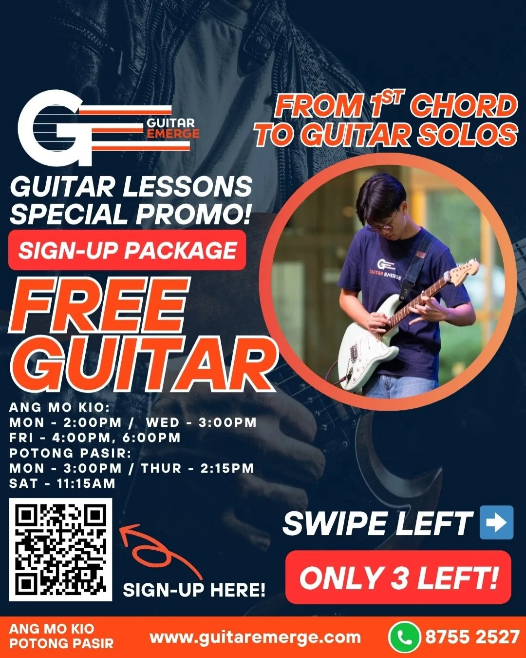🎸From 1st Chord to Guitar Solos! 🎸

Take the first step in your guitar journey! Learn guitar with us for a term and get a FREE GUITAR as part of our sign-up package! It could be you who is performing next time!

What are you waiting for?! Sign up n