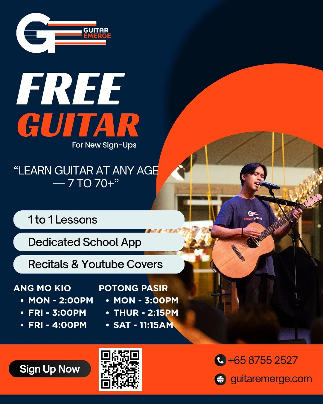 Sign up for guitar lessons and walk away with a FREE guitar 🎸

Only 6 slots left across our two centres &mdash; here's what's still available:

📍 ANG MO KIO
&bull; MON - 2:00PM
&bull; FRI - 3:00PM
&bull; FRI - 4:00PM

📍 POTONG PASIR
&bull; MON - 3