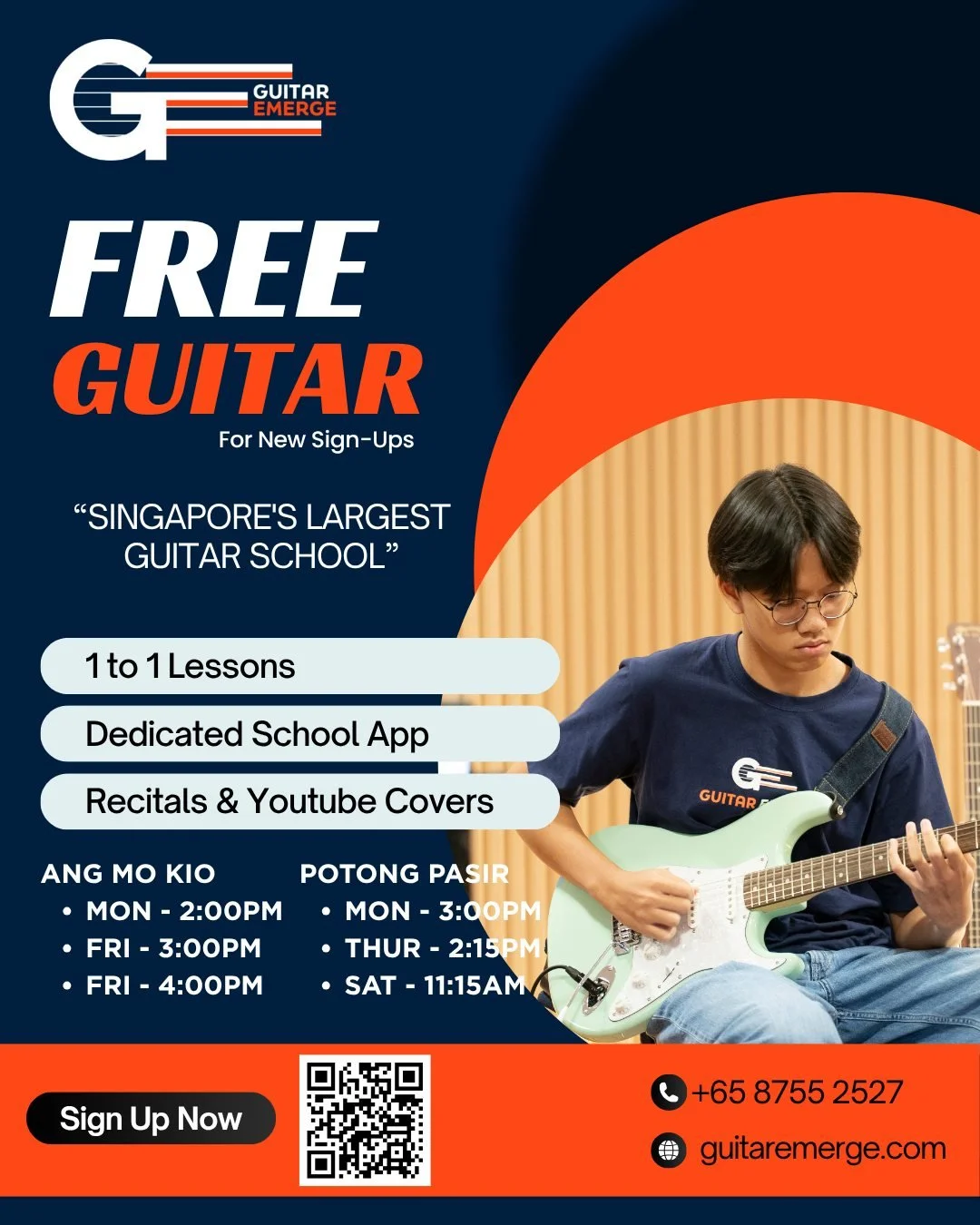 Sign up for guitar lessons and walk away with a FREE guitar 🎸

At Guitar Emerge &mdash; Singapore's largest dedicated guitar school &mdash; every new student receives a free guitar as part of their sign-up package. 1-to-1 lessons, a proven in-house 