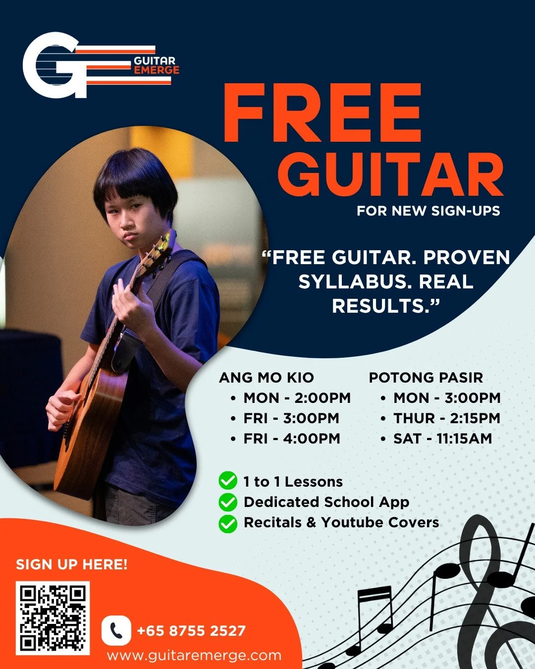 Get a FREE guitar when you sign up! 🎸

We still have a few slots open this week &mdash; don't miss out on starting your guitar journey at Singapore's largest dedicated guitar school.

🎸 Available slots:

ANG MO KIO
&bull; Mon 2:00pm
&bull; Fri 3:00