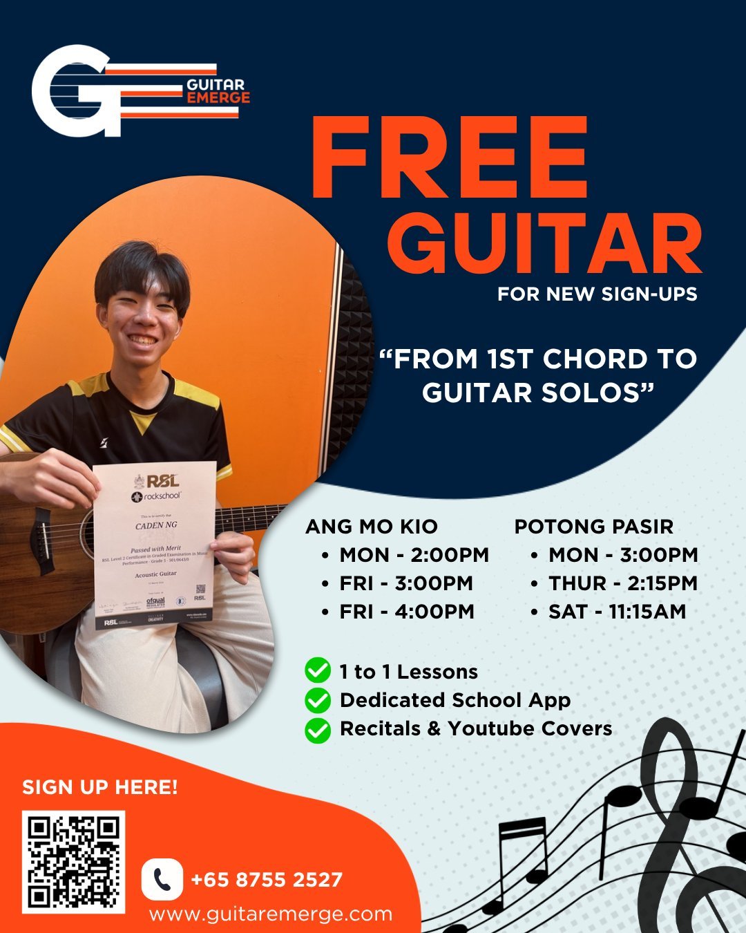 Is your child ready to start their guitar journey the right way? 🎸

At Guitar Emerge, we take kids from their very first chord all the way to RSL-recognised certifications &mdash; with our own written syllabus and Grade 8 certified teachers guiding 