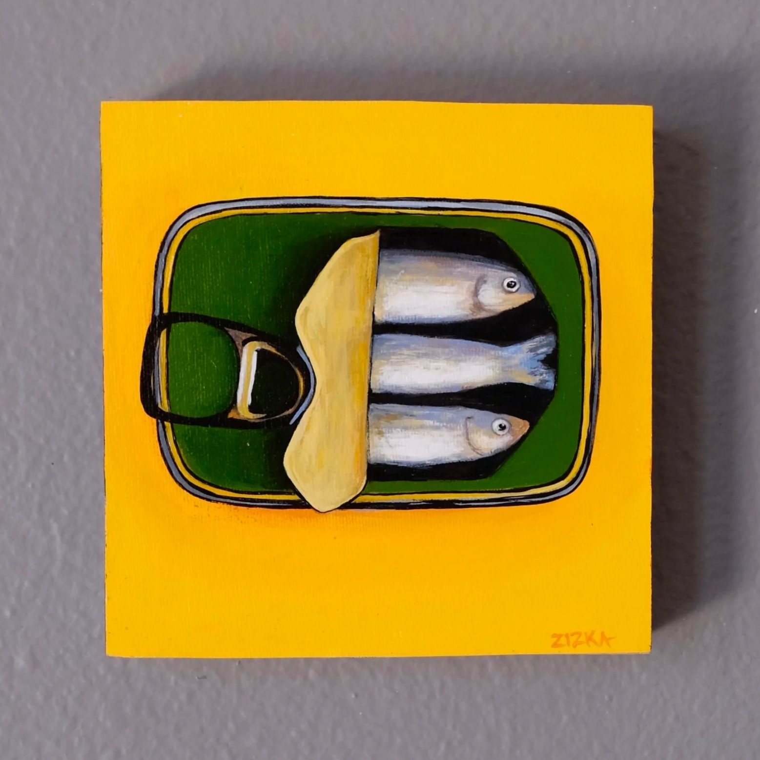 Sardines 2: Size 6" x 6" Acryic on canvas, mounted to a 1 1/2" thick wood block.  - $200