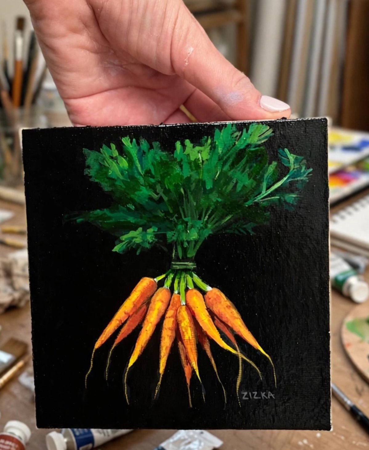 5" x 5" Carrots on Canvas, mounted to wood.
$70.00 - sold