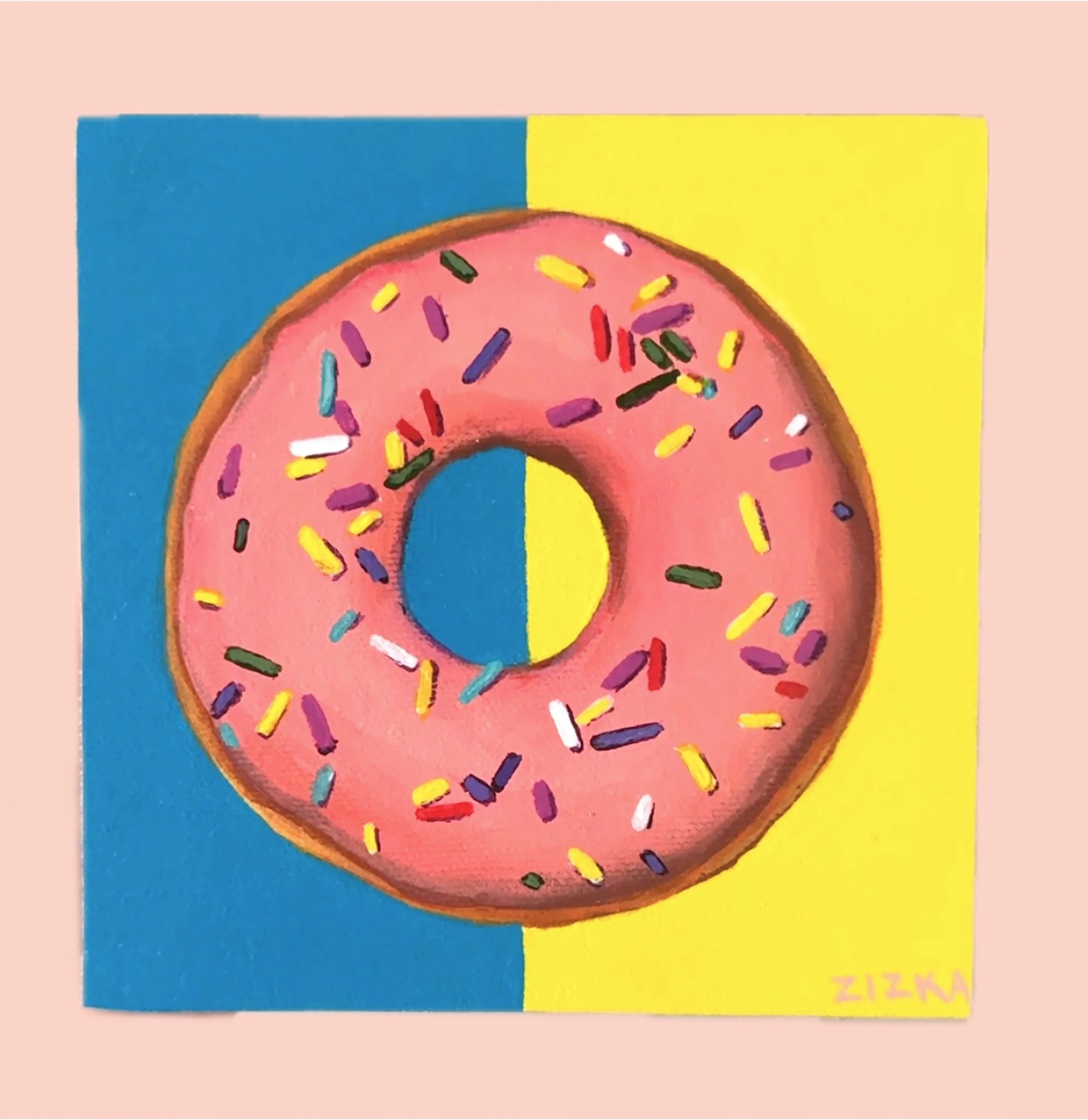 5" x 5"  Pink Donut with sprinkles - Acrylic painted on canvas, mounted to a wood panel. $65.00 